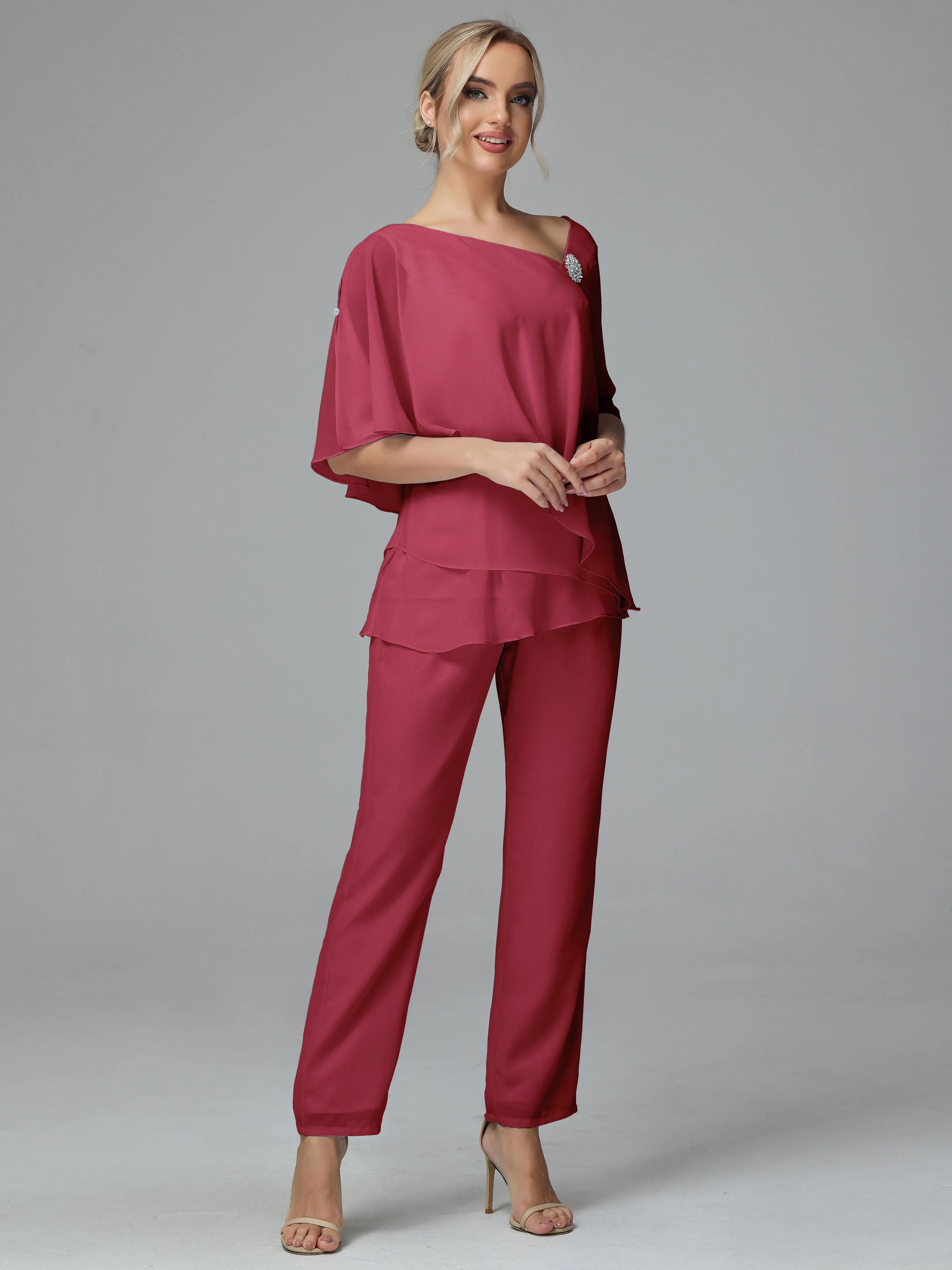 Half Sleeves Chiffon Mother of the Bride Dress Pant Suits With Beading