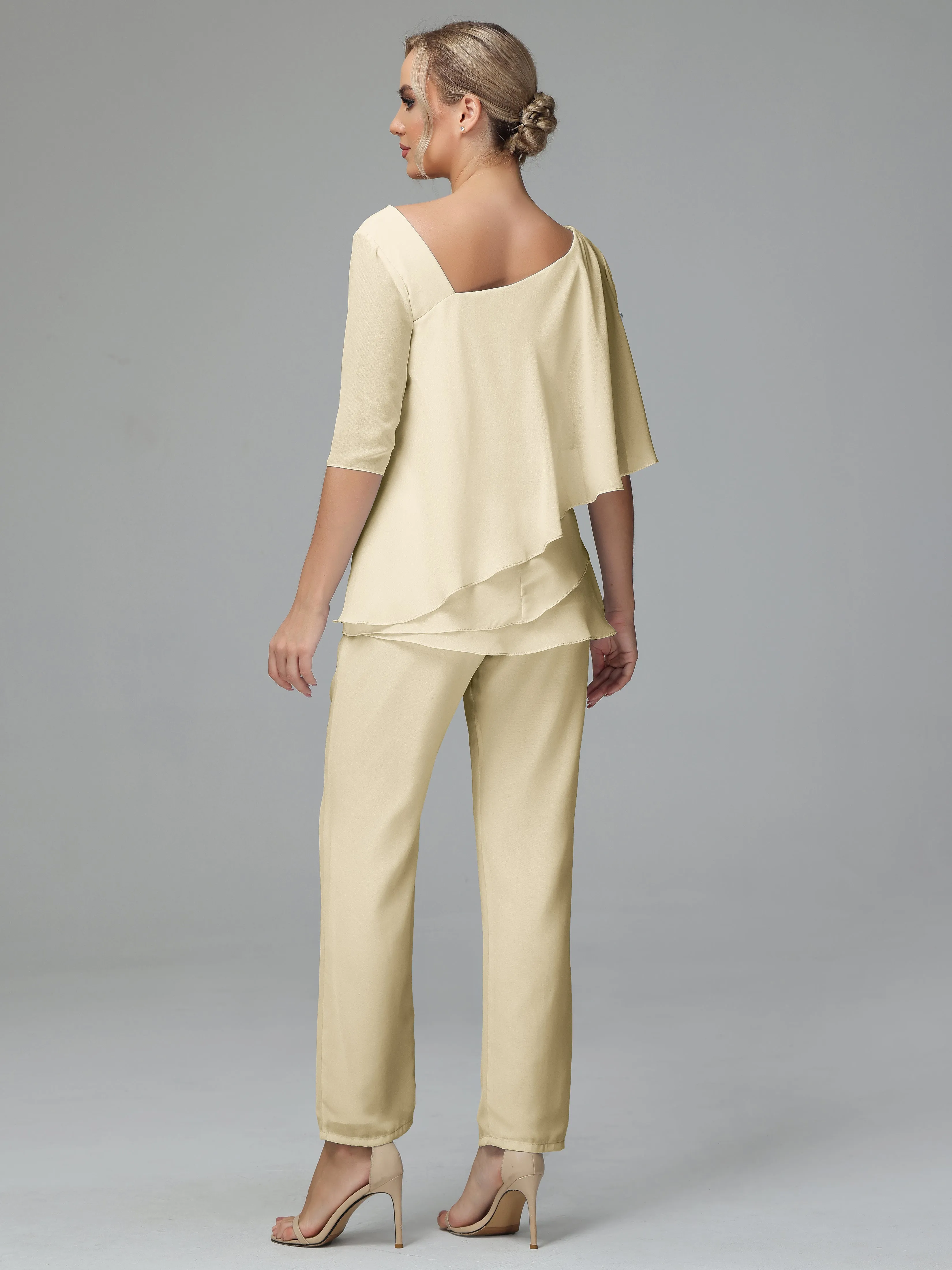 Half Sleeves Chiffon Mother of the Bride Dress Pant Suits With Beading