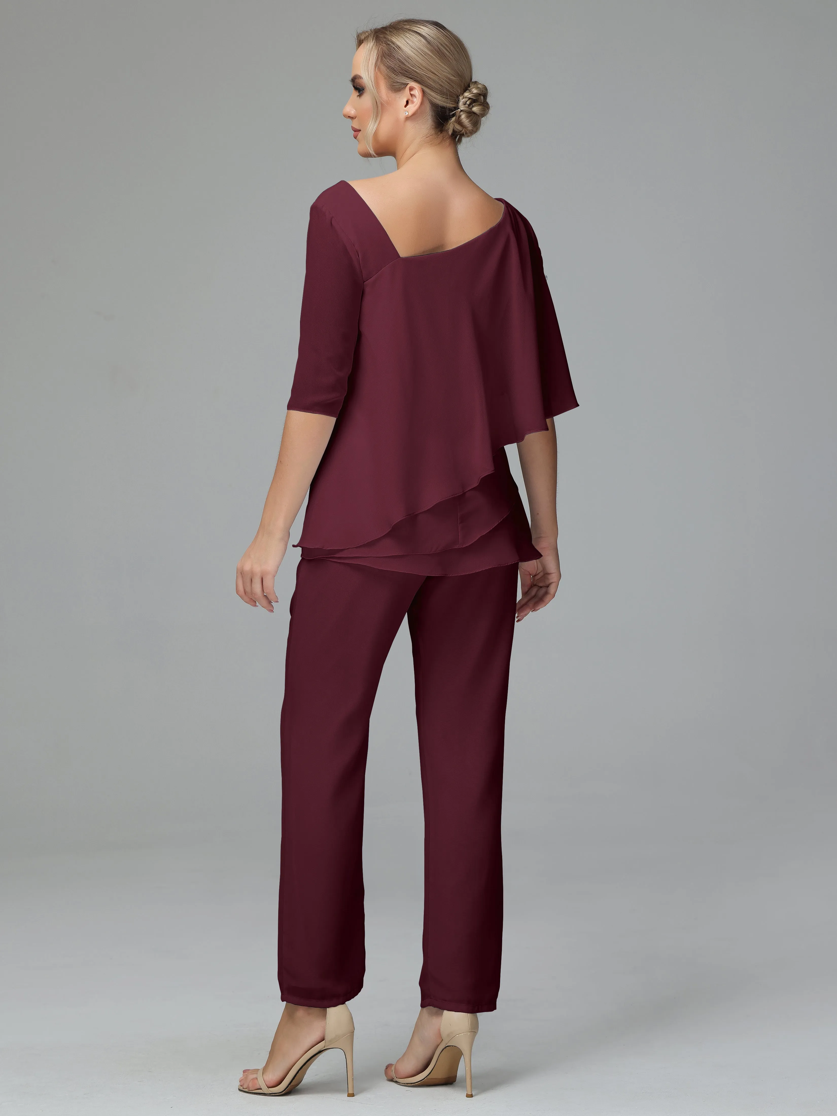 Half Sleeves Chiffon Mother of the Bride Dress Pant Suits With Beading