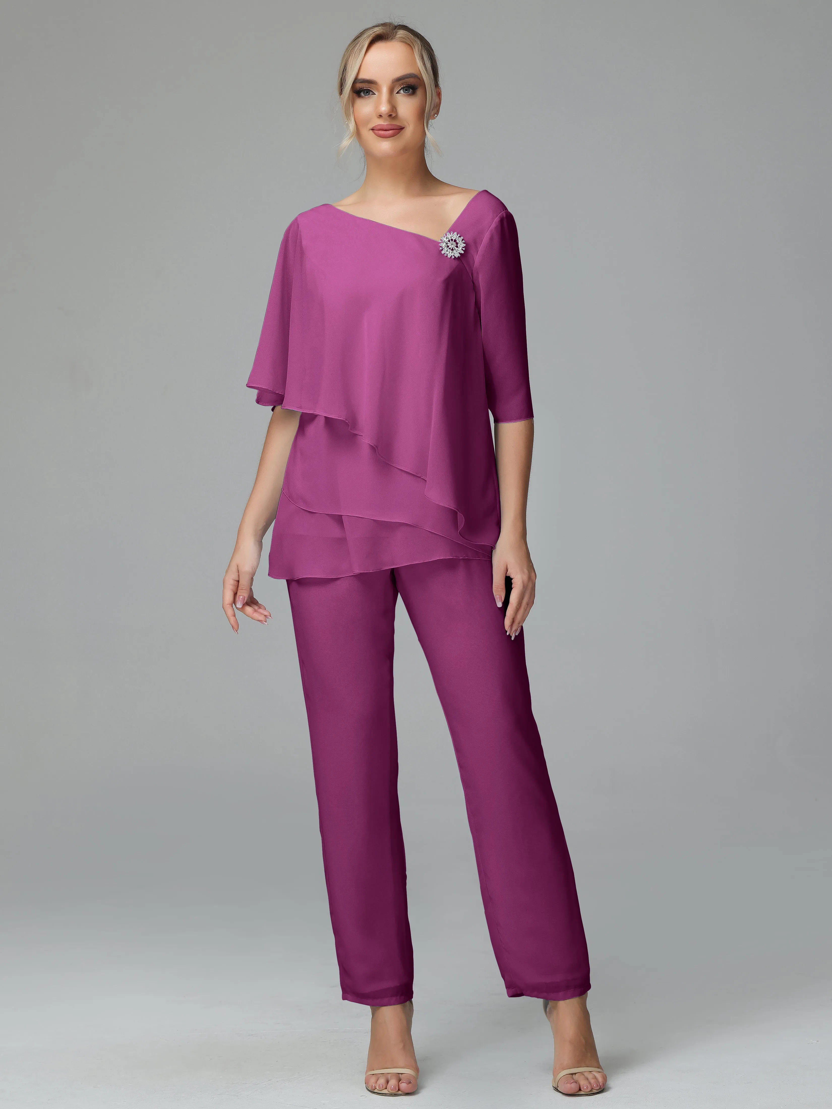 Half Sleeves Chiffon Mother of the Bride Dress Pant Suits With Beading