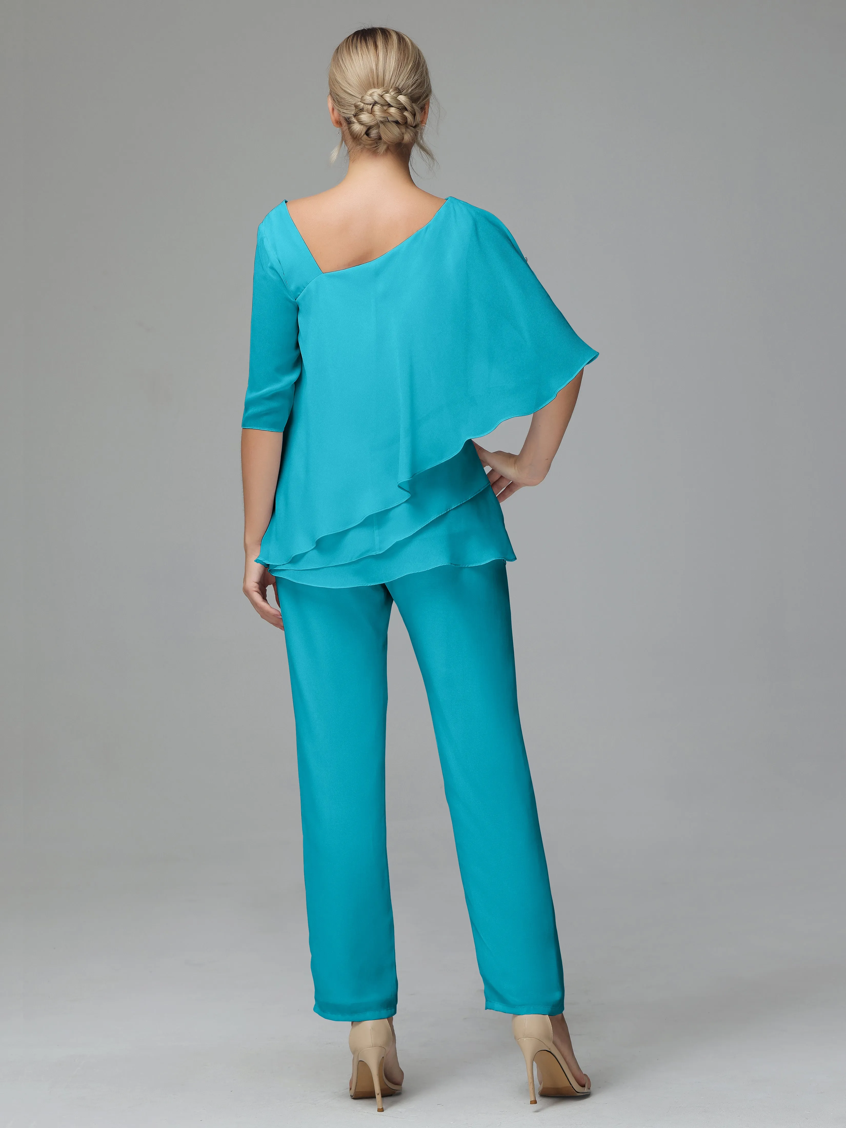 Half Sleeves Chiffon Mother of the Bride Dress Pant Suits With Beading