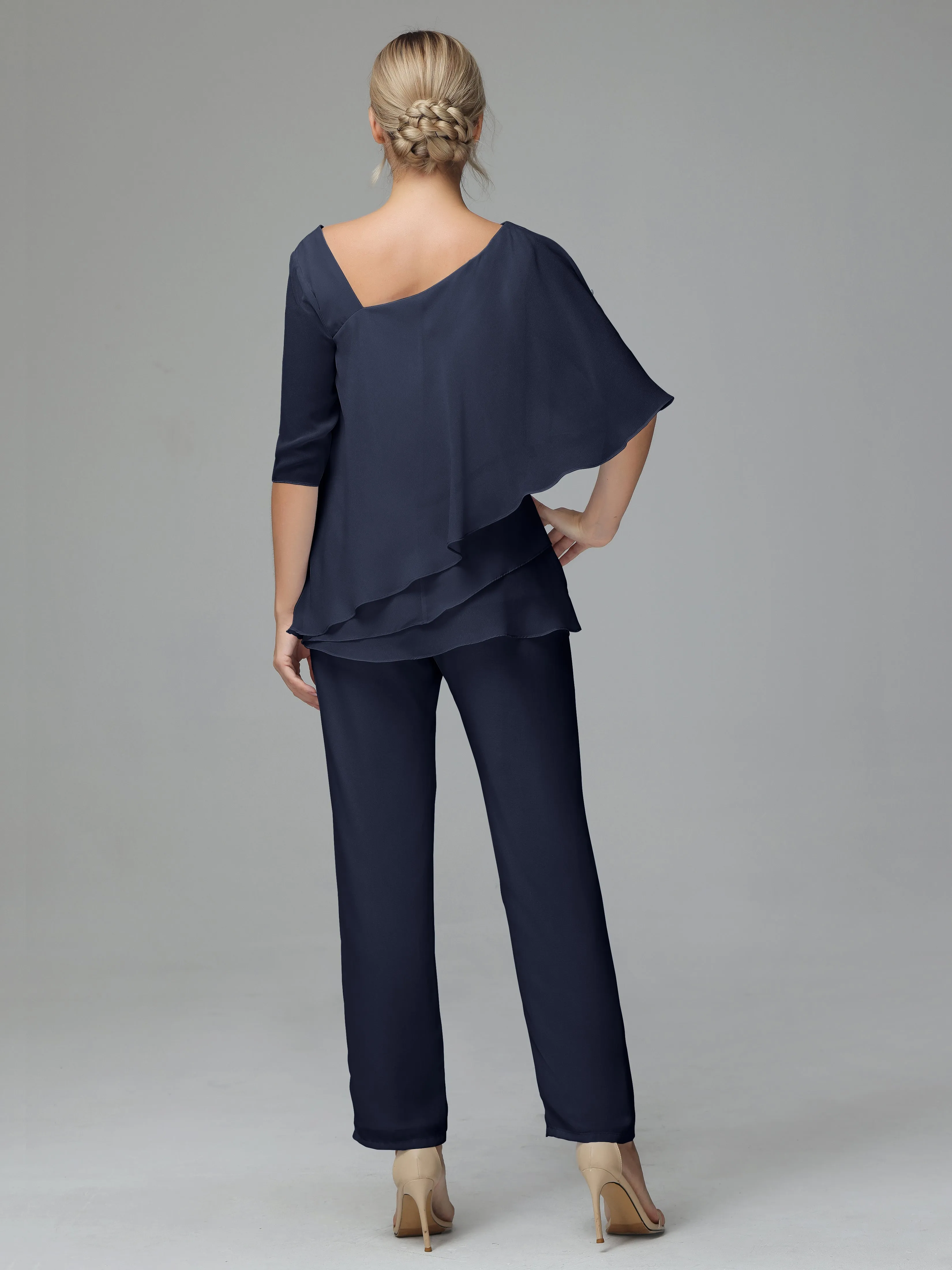 Half Sleeves Chiffon Mother of the Bride Dress Pant Suits With Beading