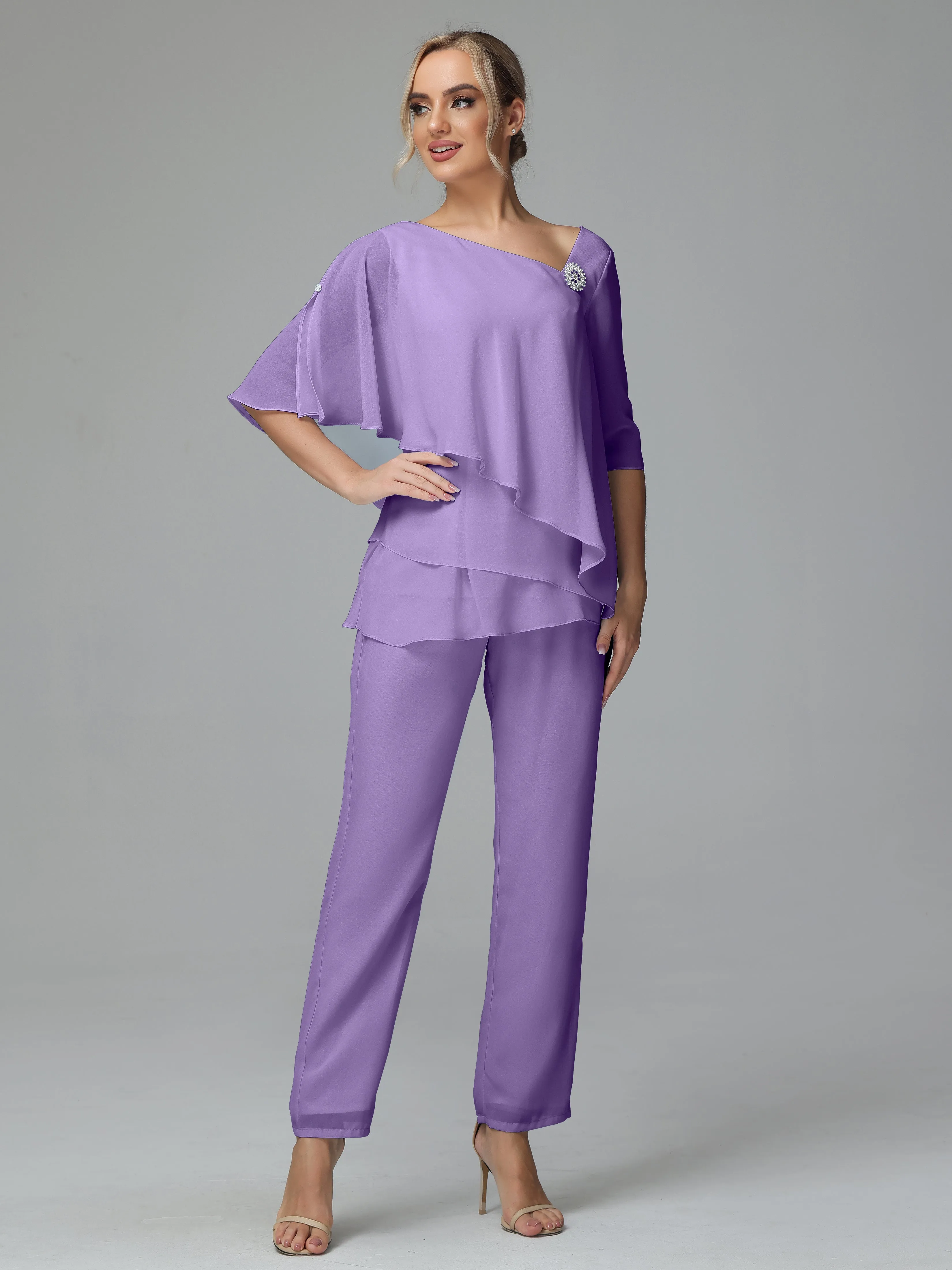 Half Sleeves Chiffon Mother of the Bride Dress Pant Suits With Beading