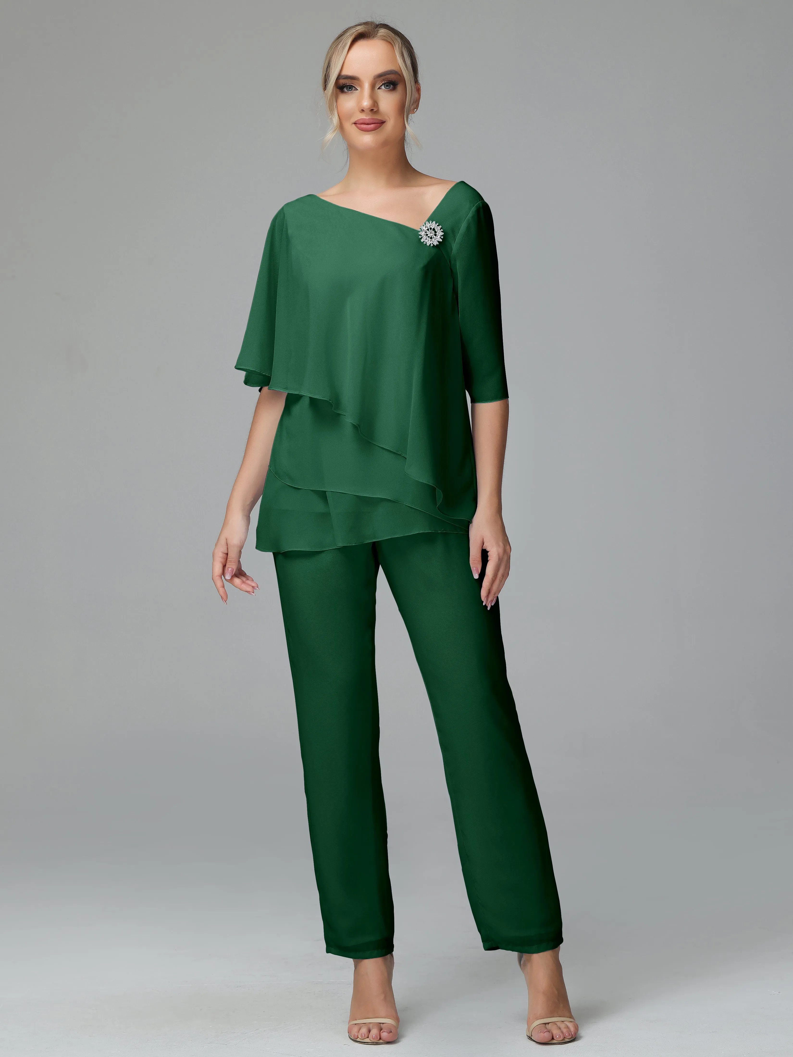 Half Sleeves Chiffon Mother of the Bride Dress Pant Suits With Beading