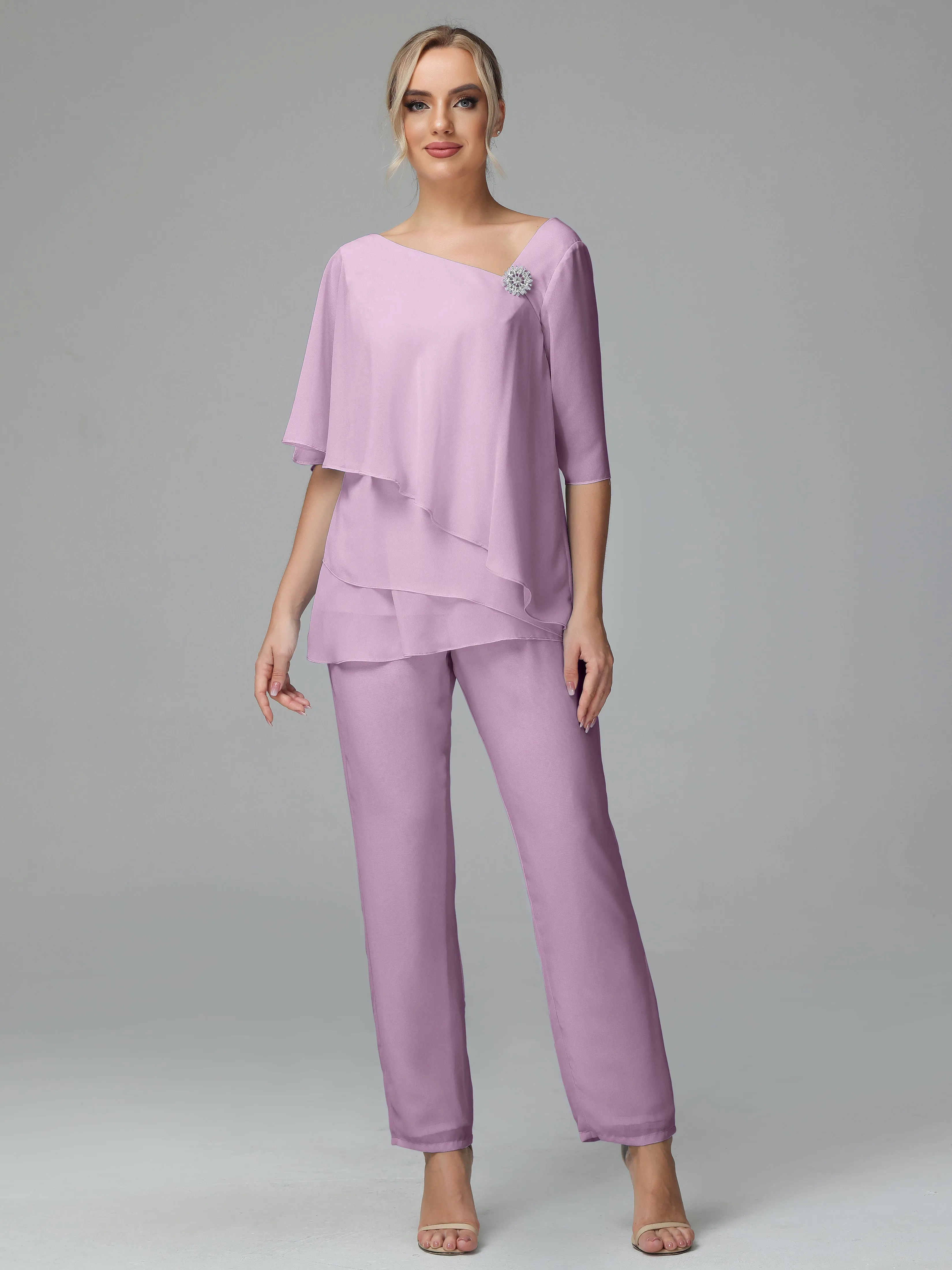 Half Sleeves Chiffon Mother of the Bride Dress Pant Suits With Beading