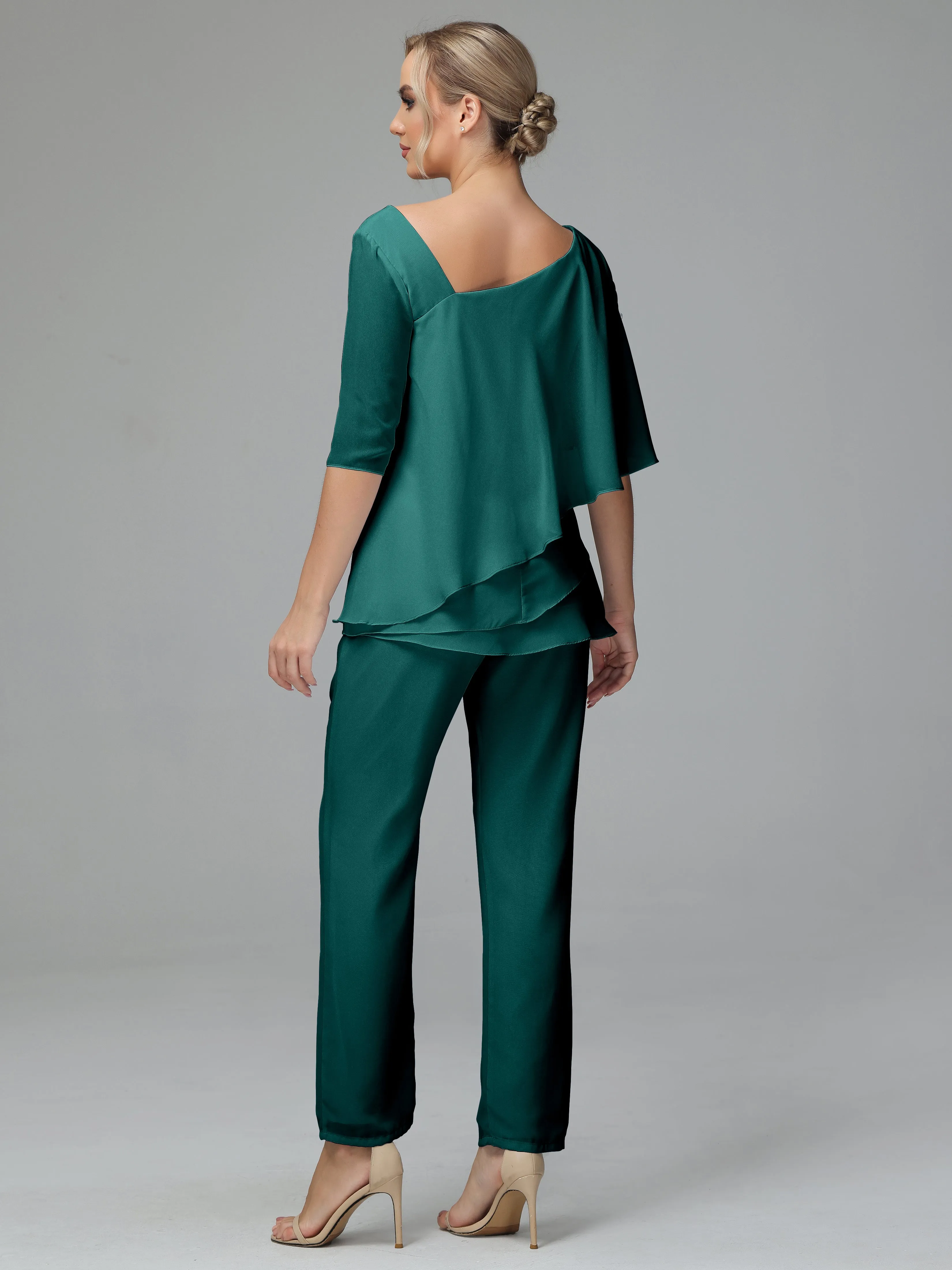 Half Sleeves Chiffon Mother of the Bride Dress Pant Suits With Beading