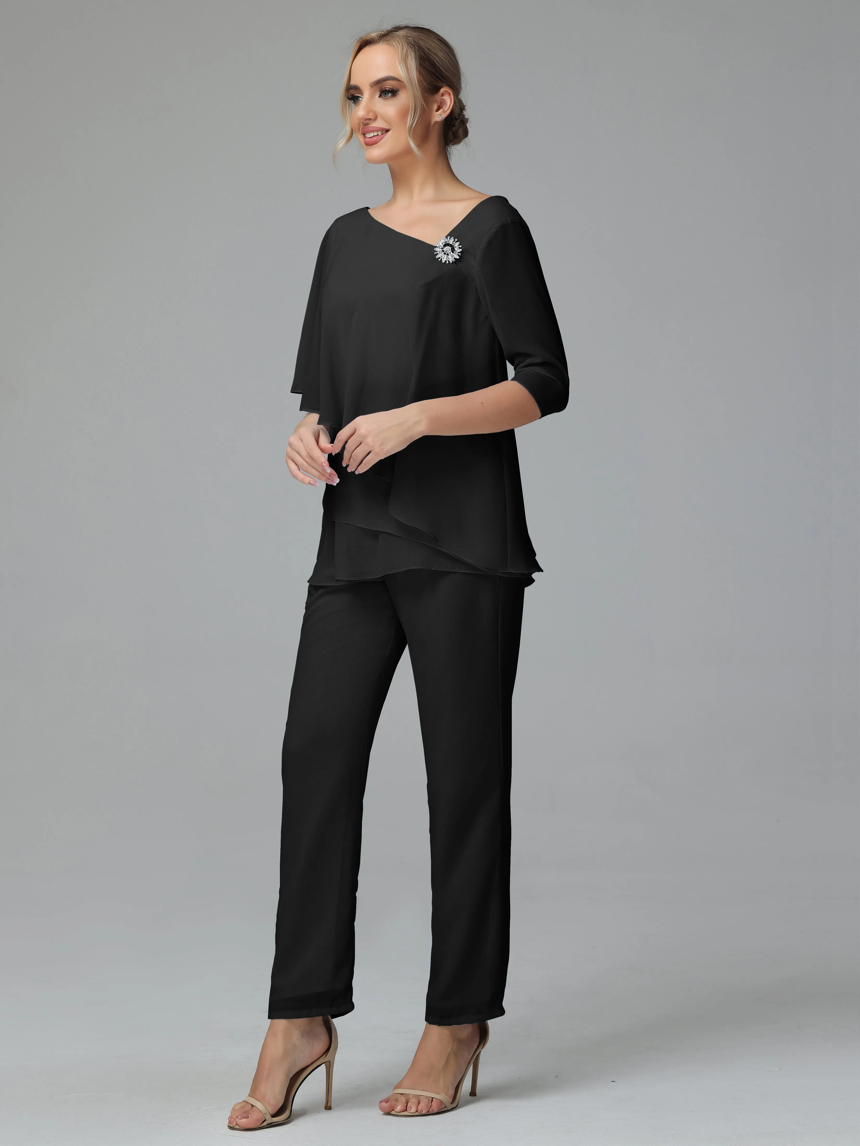 Half Sleeves Chiffon Mother of the Bride Dress Pant Suits With Beading