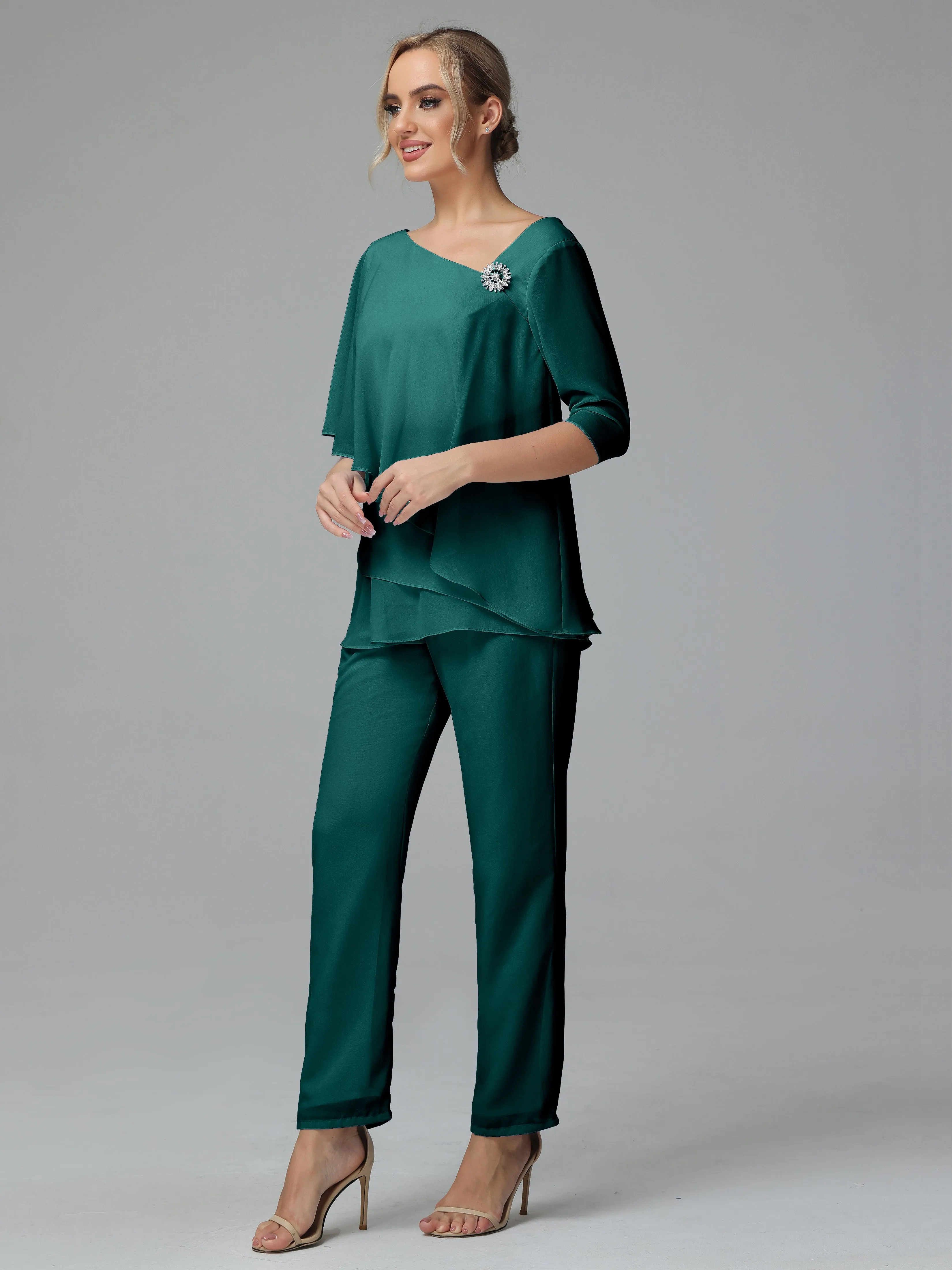 Half Sleeves Chiffon Mother of the Bride Dress Pant Suits With Beading
