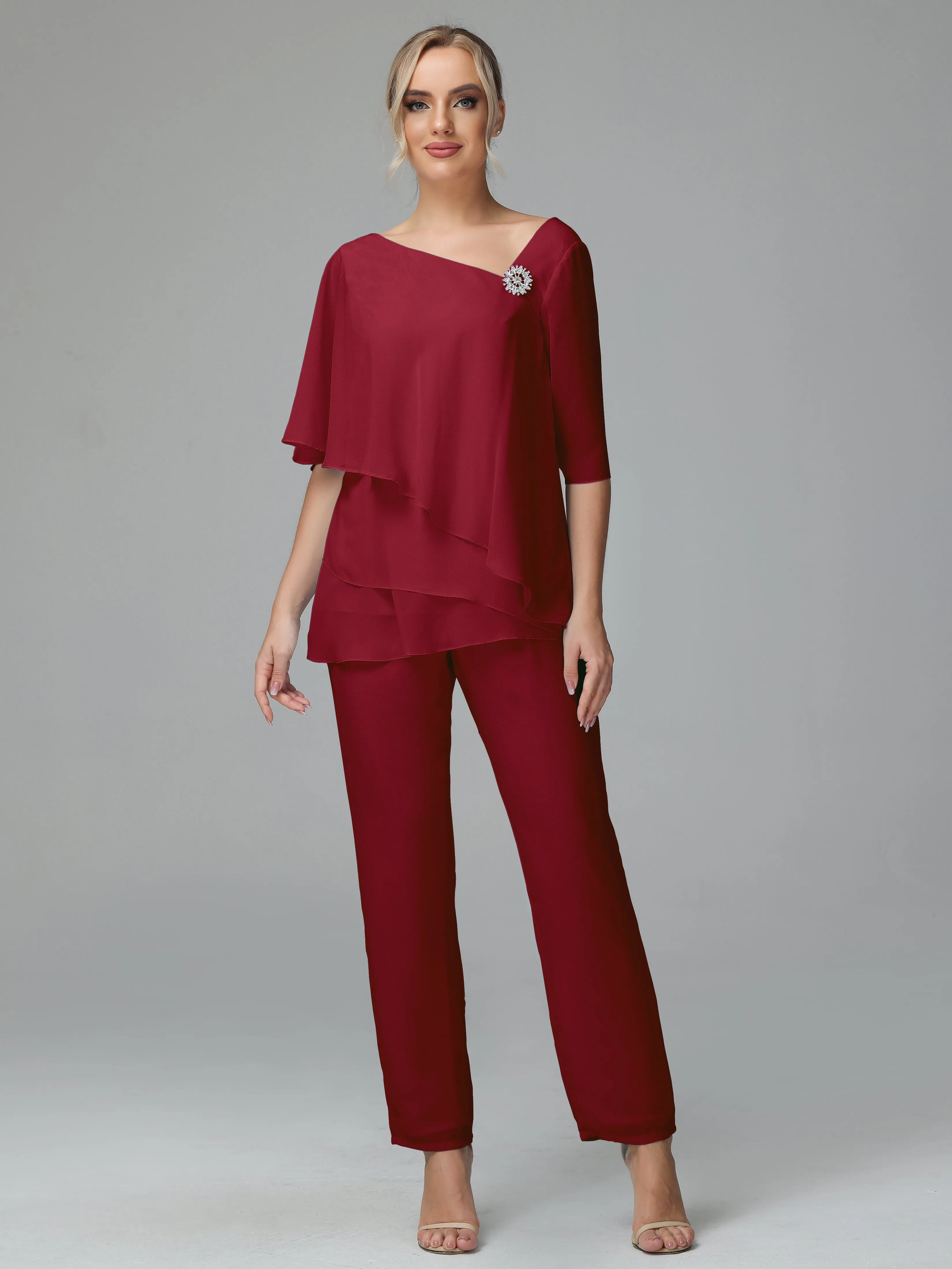 Half Sleeves Chiffon Mother of the Bride Dress Pant Suits With Beading