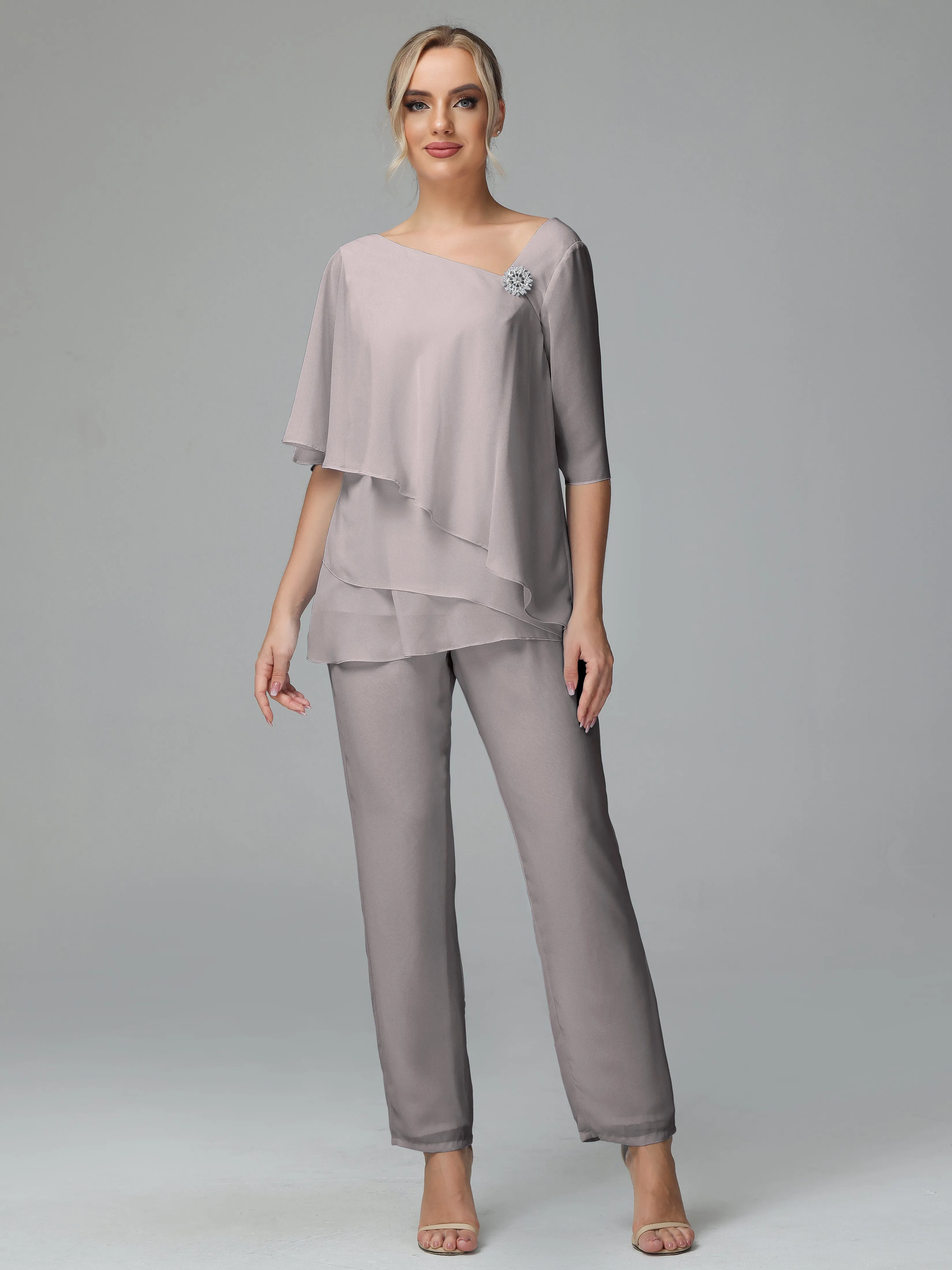 Half Sleeves Chiffon Mother of the Bride Dress Pant Suits With Beading