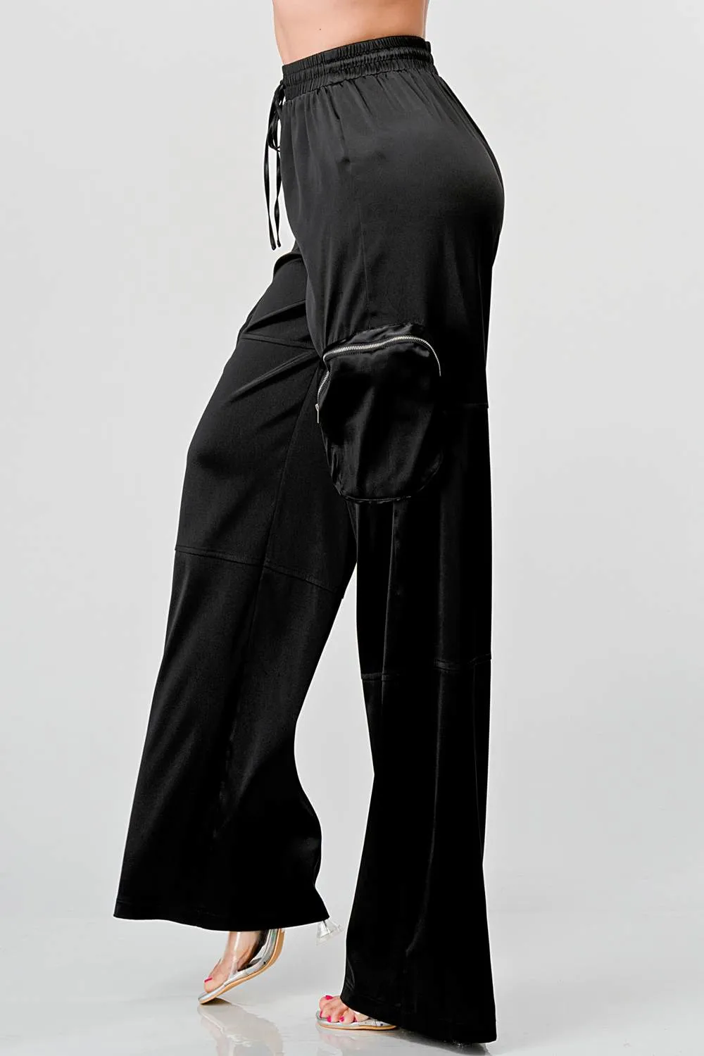 HEAVY STRETCH SATIN ELASTIC WAISTBAND CARGO PANTS