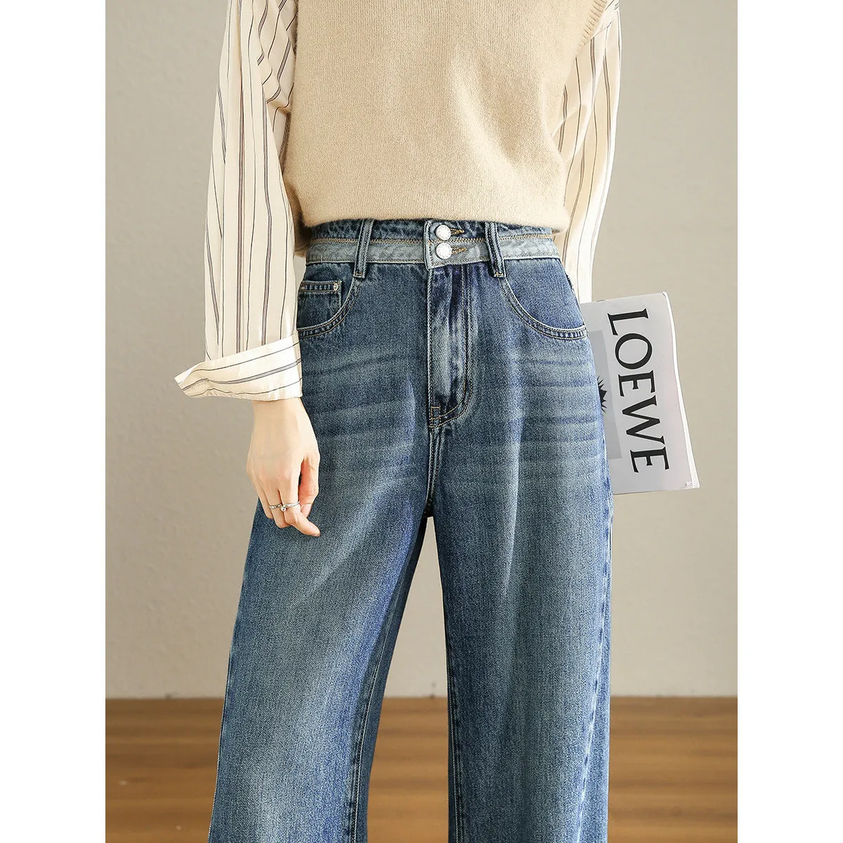 High-end big-name flat-replacement straight jeans women's white and thin loose high-waisted Lyocell Tencel casual trousers