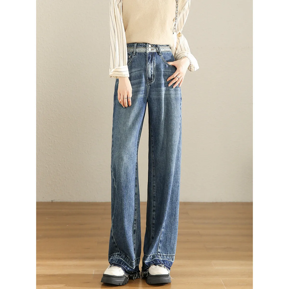 High-end big-name flat-replacement straight jeans women's white and thin loose high-waisted Lyocell Tencel casual trousers