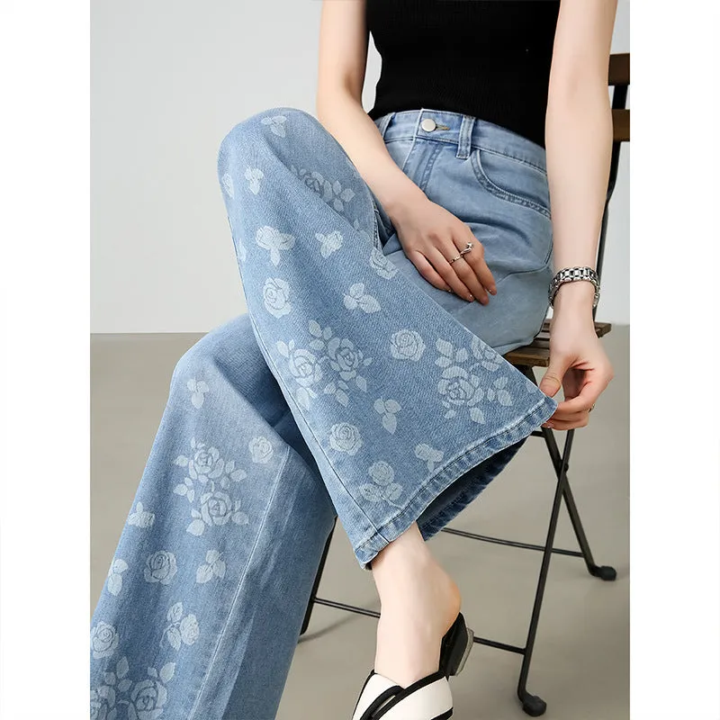 High-end counters for fashionable thin women's straight jeans loose and thin high-waisted floor-mopping wide-leg pants