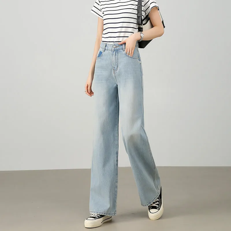 High-end franchise store big-name flat replacement lazy wind light blue jeans women's splicing contrasting pocket Korean women's pants