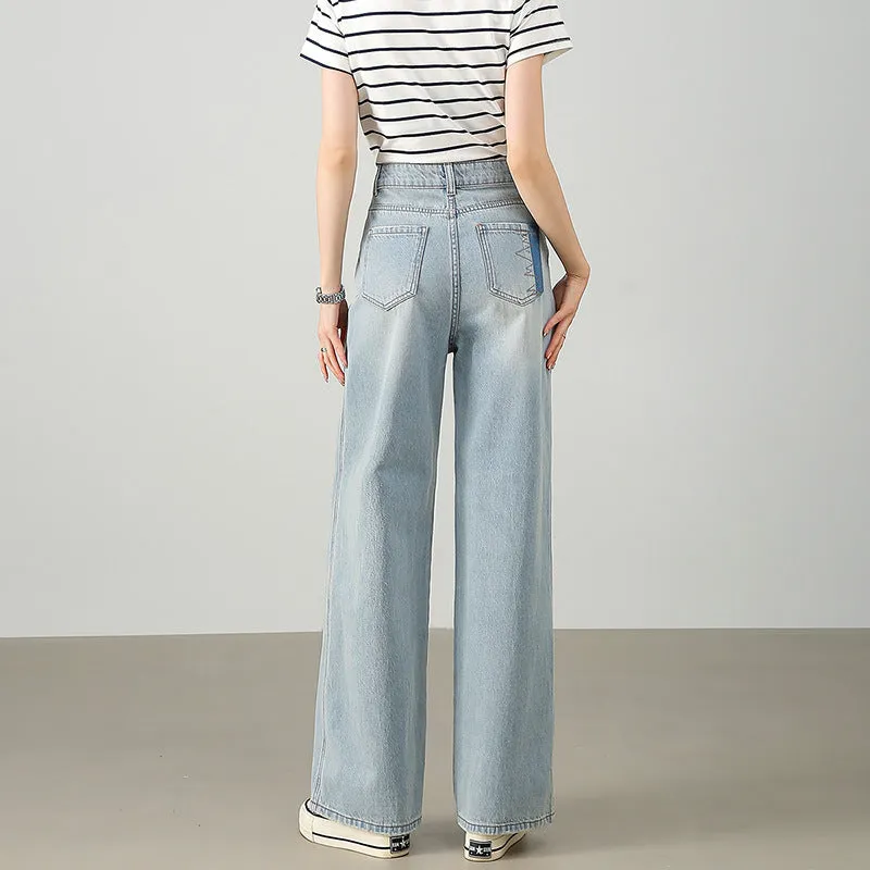 High-end franchise store big-name flat replacement lazy wind light blue jeans women's splicing contrasting pocket Korean women's pants