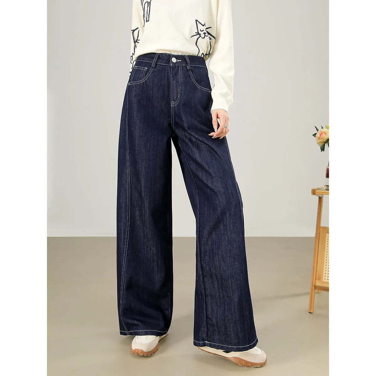 high-end quality women's drape and thin loose straight wide-leg pants high waist four-sided elastic jeans women