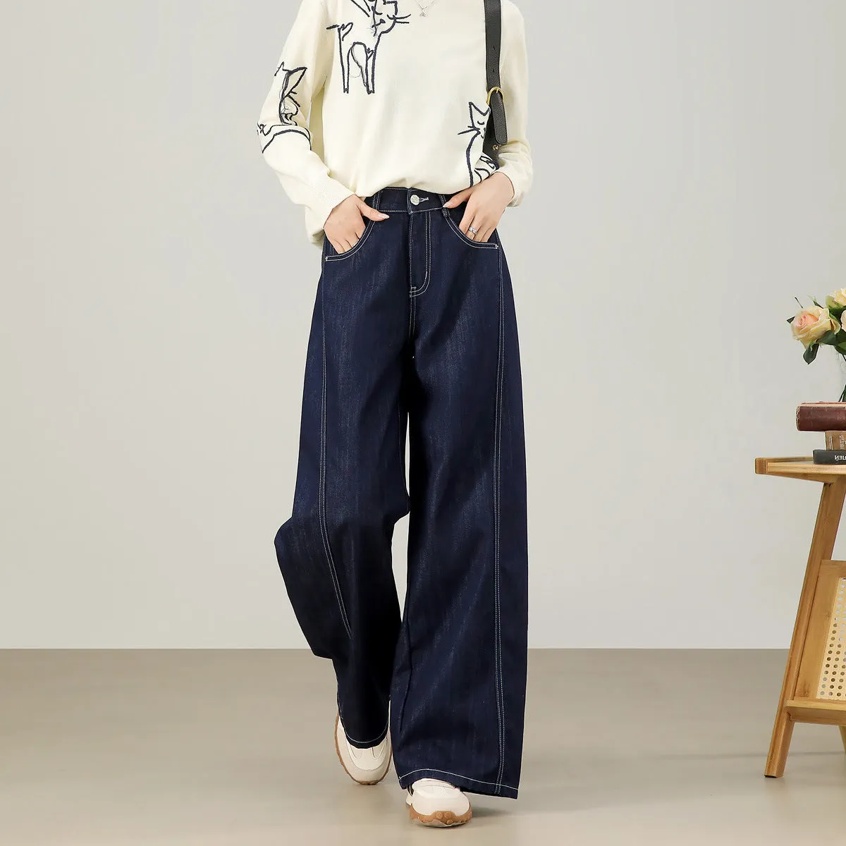 high-end quality women's drape and thin loose straight wide-leg pants high waist four-sided elastic jeans women