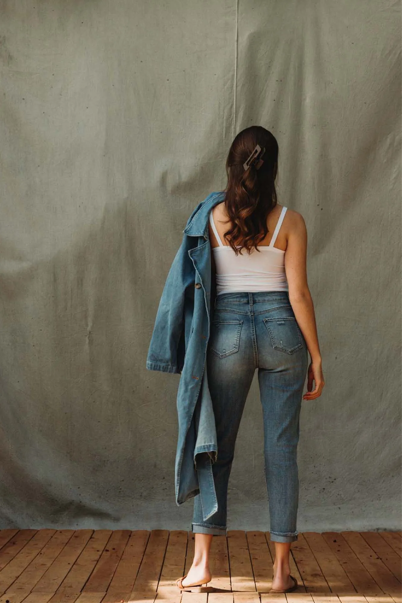 High Rise Jersey Crop W/ Button Fly Jeans - Blasted Blue