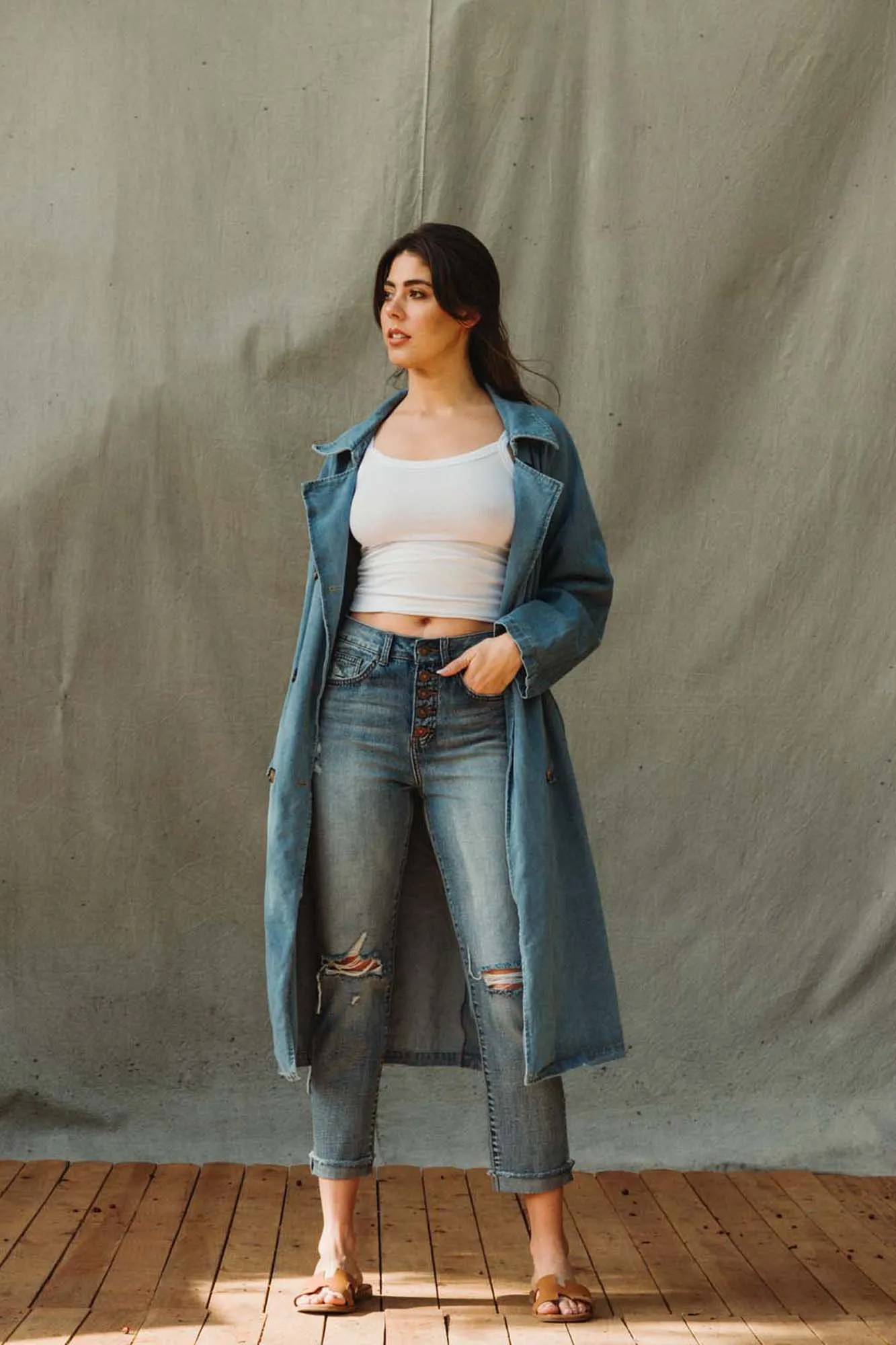High Rise Jersey Crop W/ Button Fly Jeans - Blasted Blue