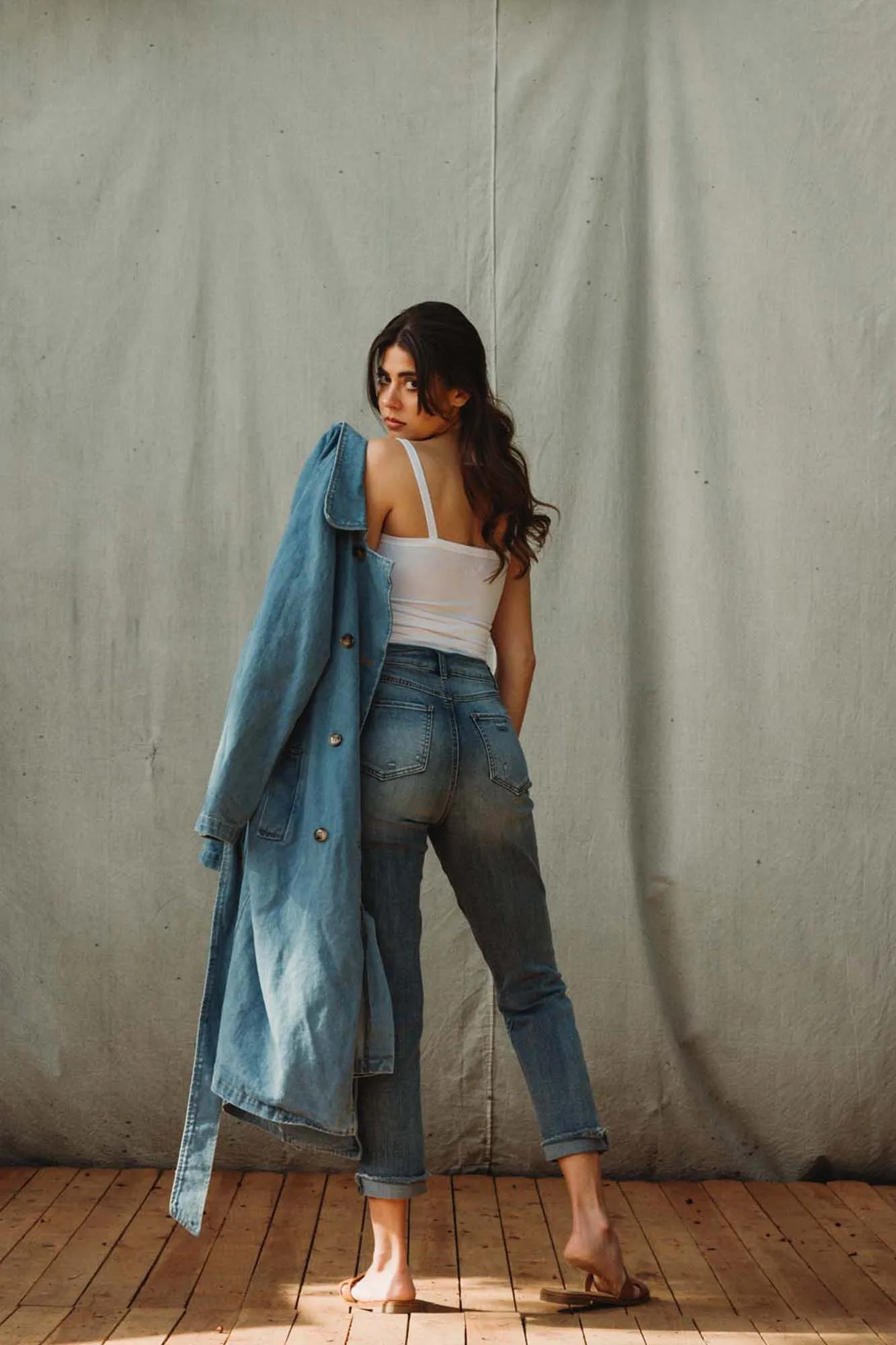 High Rise Jersey Crop W/ Button Fly Jeans - Blasted Blue