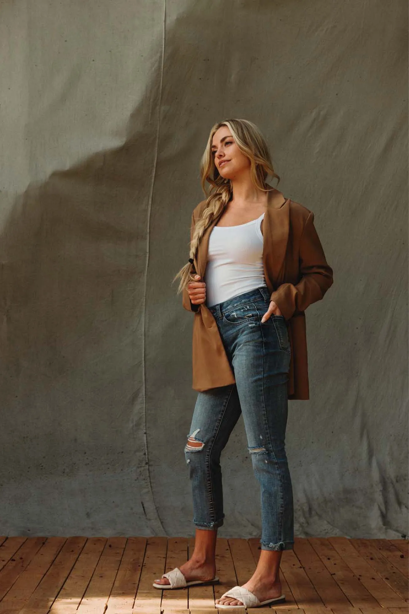 High Rise Jersey Crop W/ Button Fly Jeans - Blasted Blue