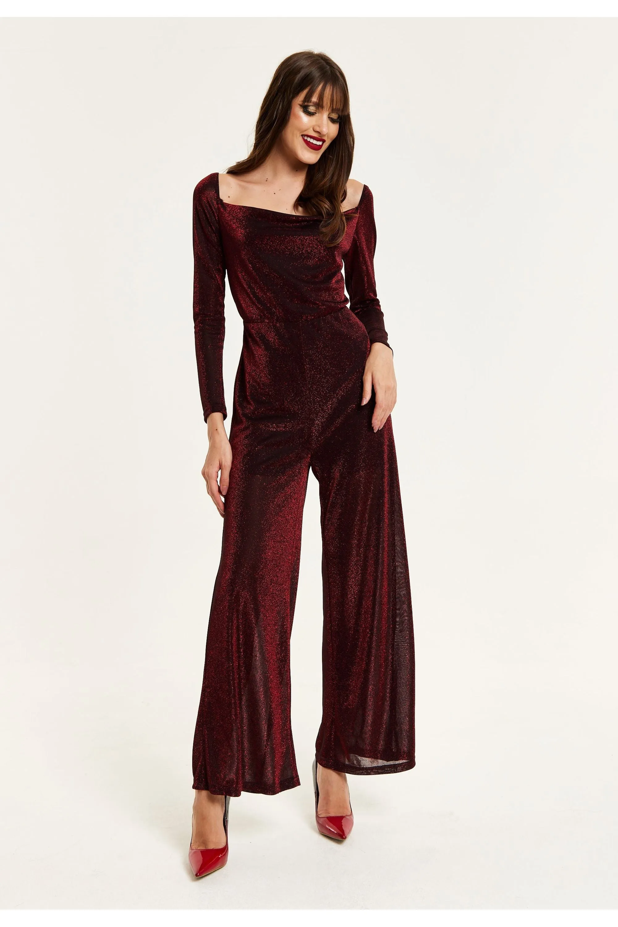 Liquorish Burgundy Cowl Neck Lurex Jumpsuit