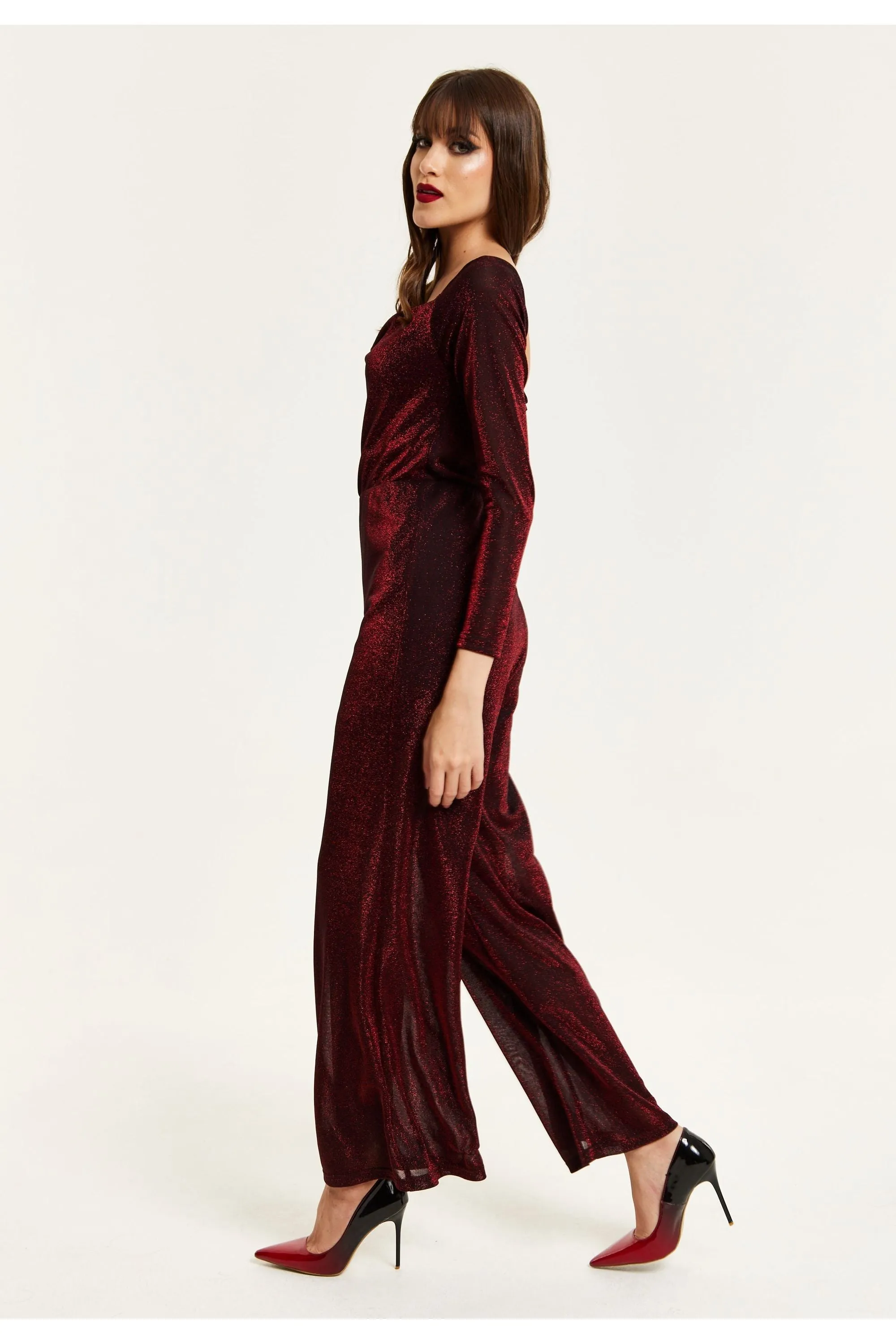 Liquorish Burgundy Cowl Neck Lurex Jumpsuit