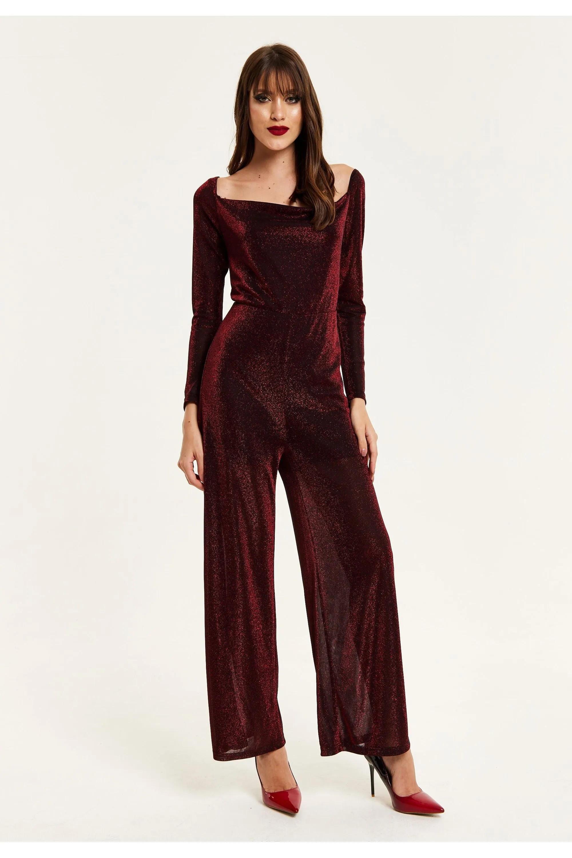 Liquorish Burgundy Cowl Neck Lurex Jumpsuit