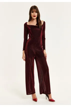 Liquorish Burgundy Cowl Neck Lurex Jumpsuit