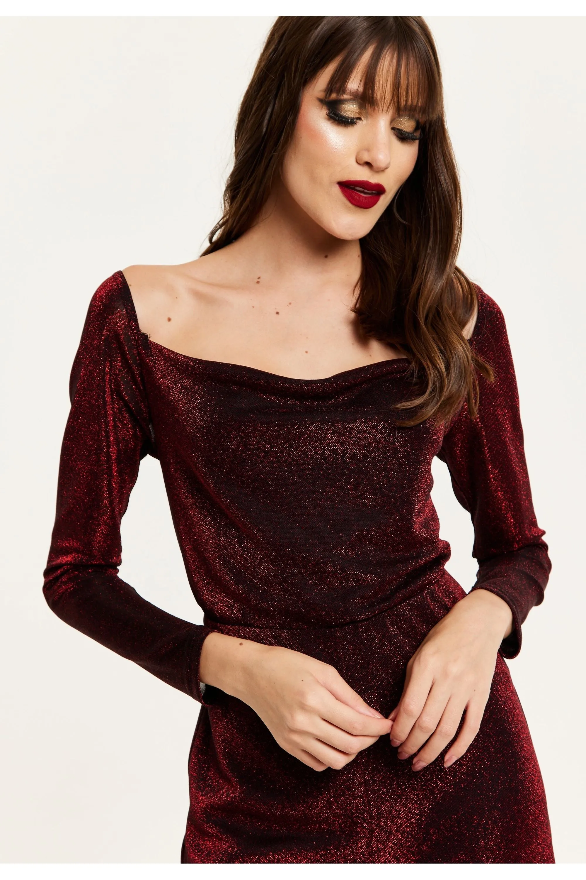 Liquorish Burgundy Cowl Neck Lurex Jumpsuit