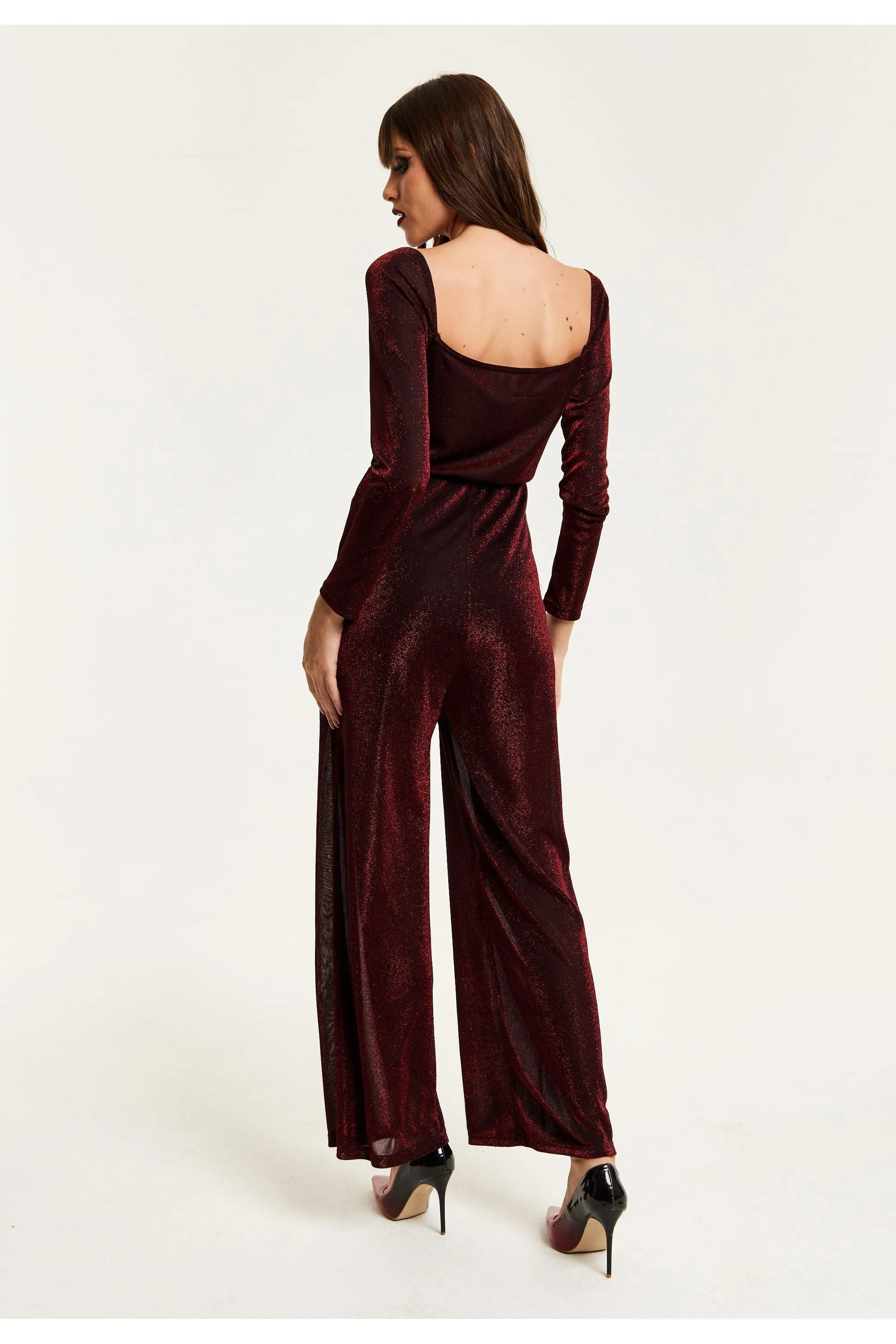 Liquorish Burgundy Cowl Neck Lurex Jumpsuit