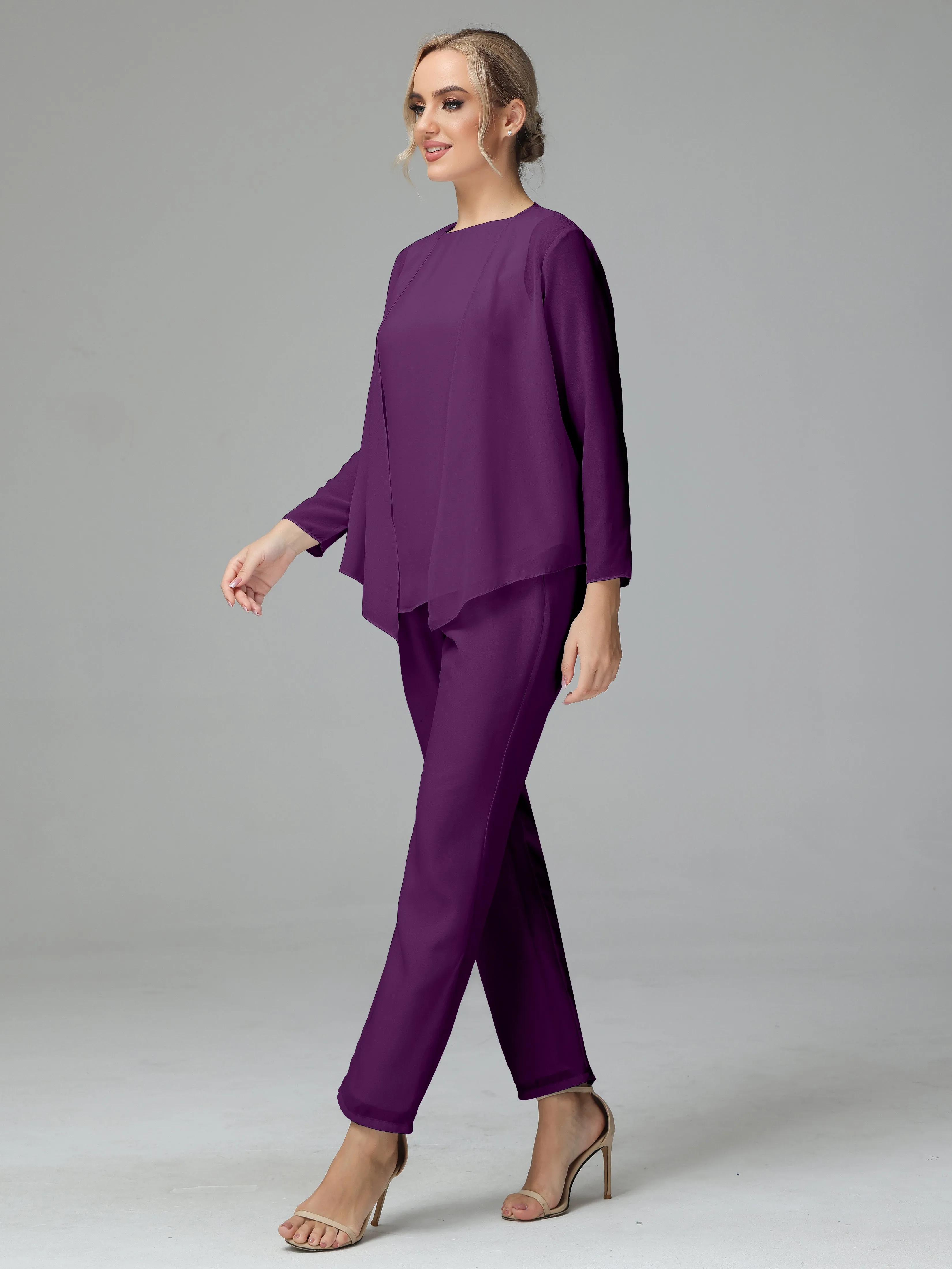 Long Sleeves 3 Pieces Chiffon Mother of Bride Dress Pant Suits