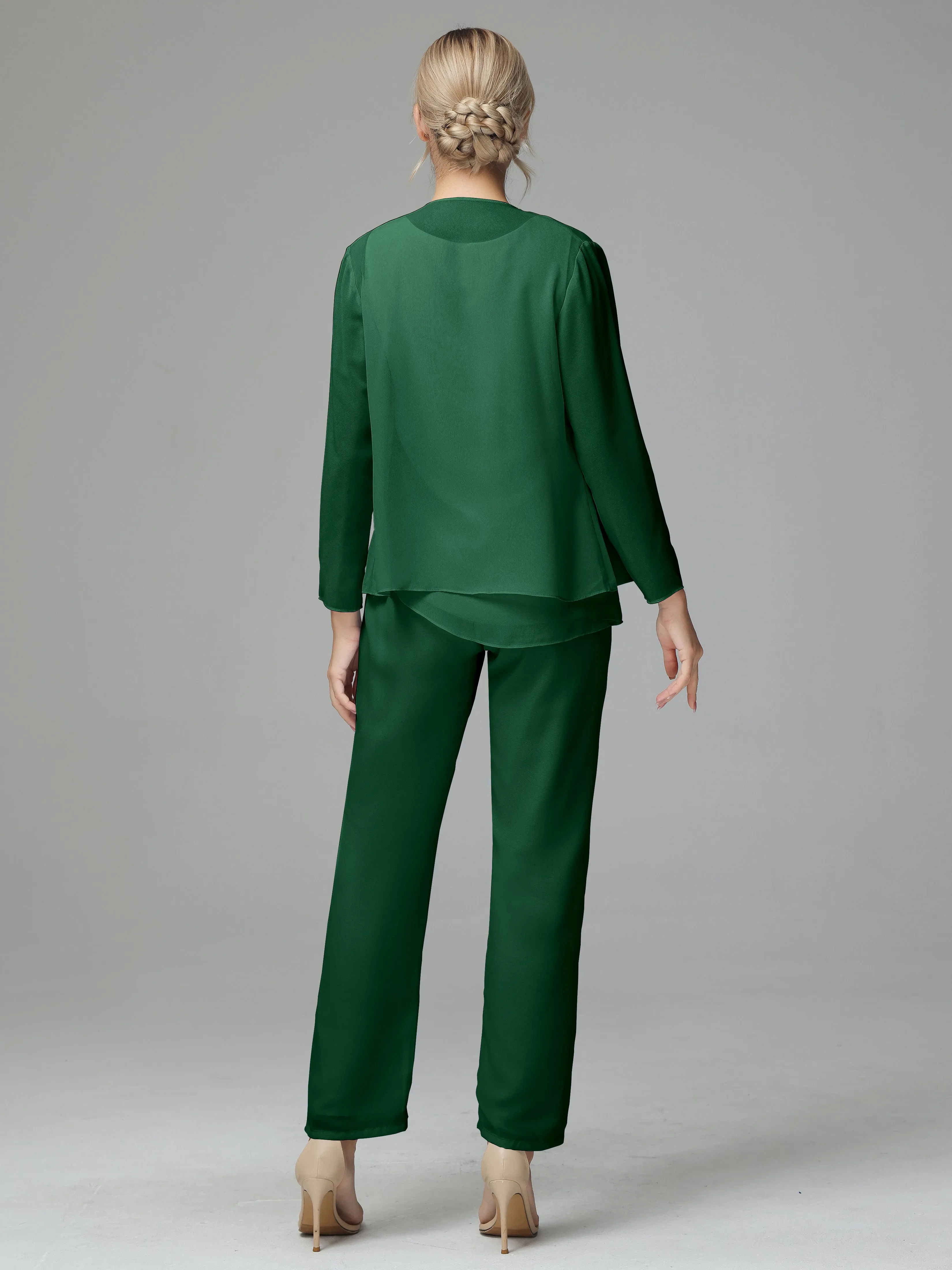 Long Sleeves 3 Pieces Chiffon Mother of Bride Dress Pant Suits