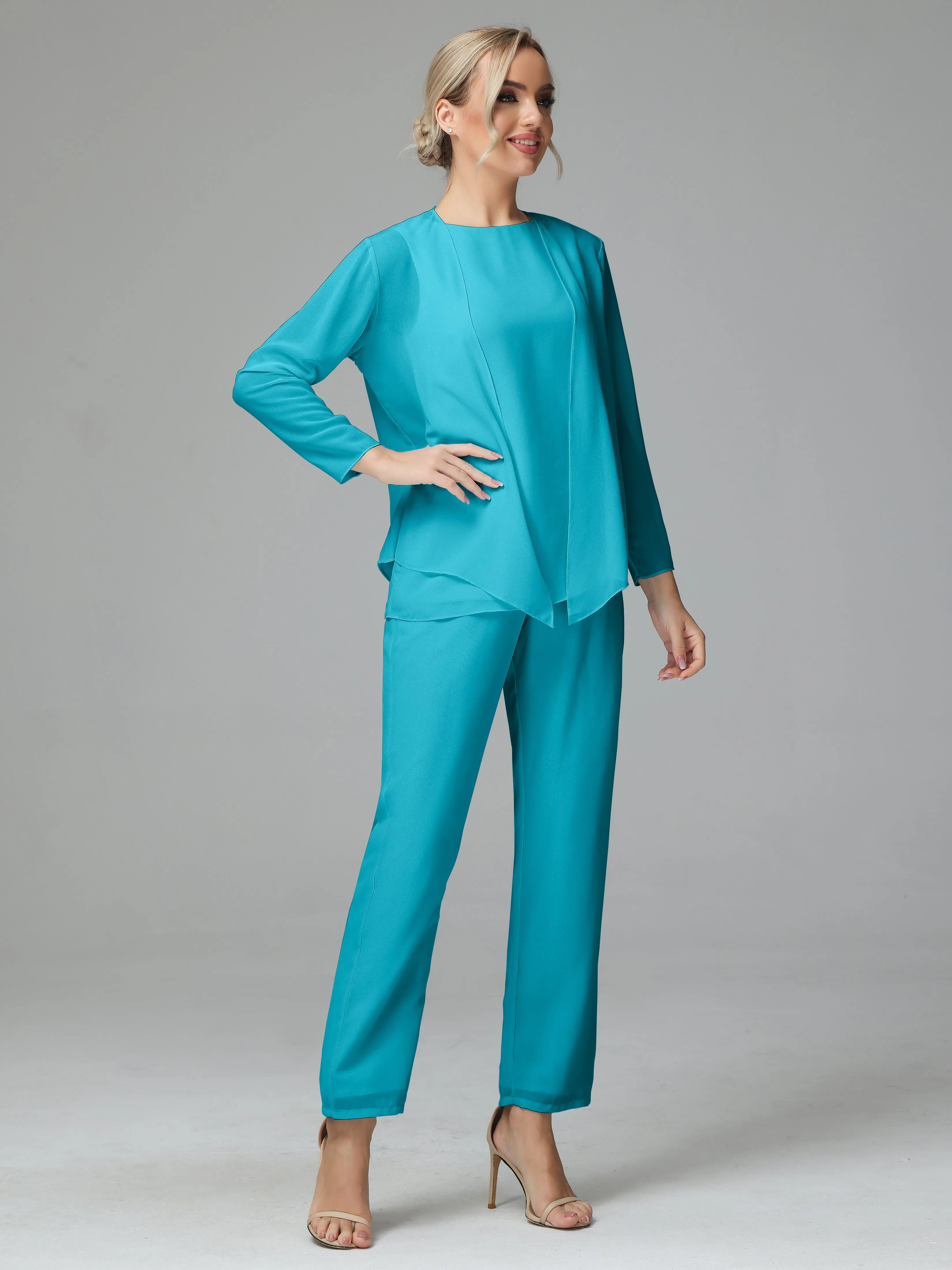 Long Sleeves 3 Pieces Chiffon Mother of Bride Dress Pant Suits
