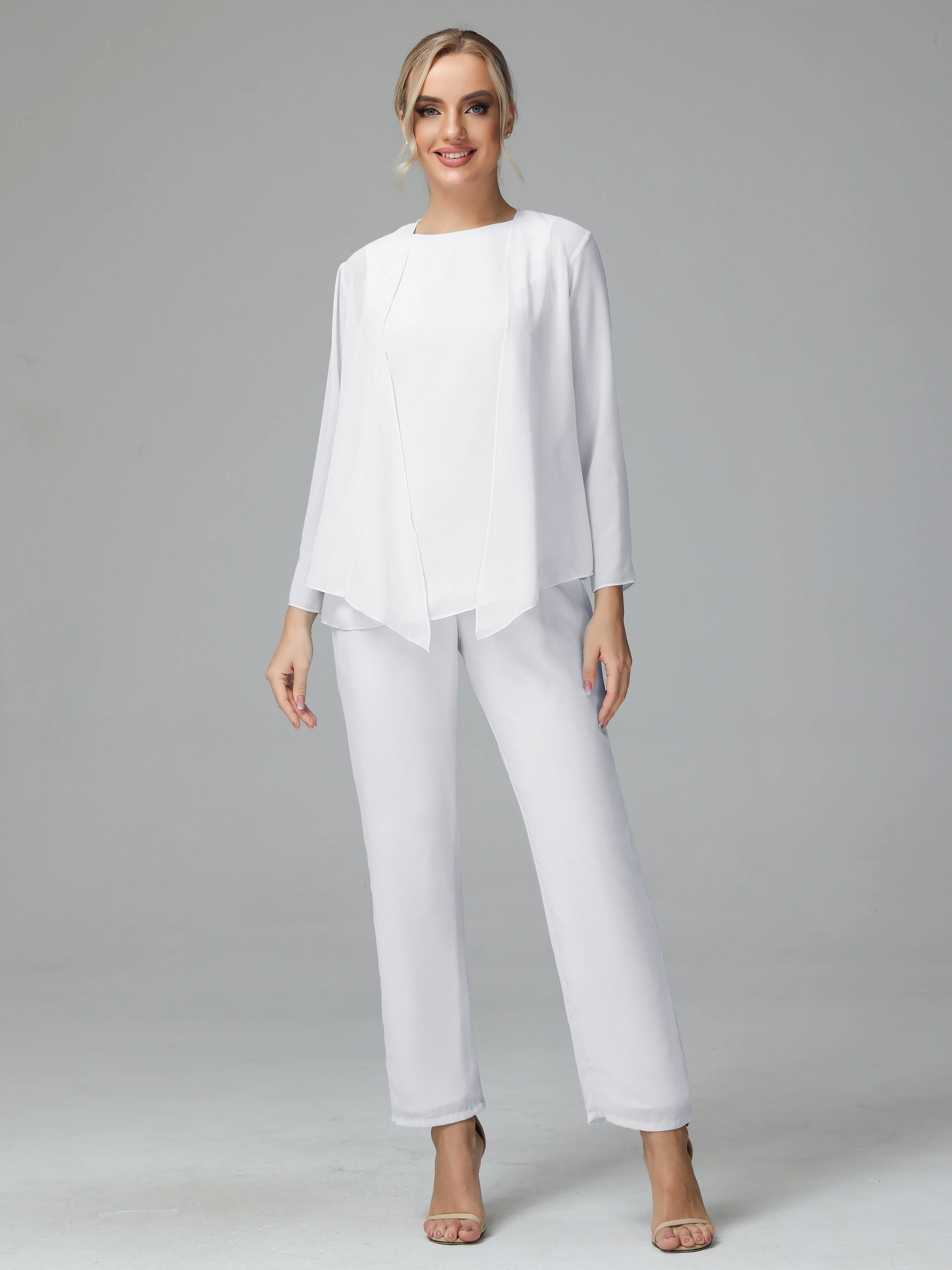 Long Sleeves 3 Pieces Chiffon Mother of Bride Dress Pant Suits