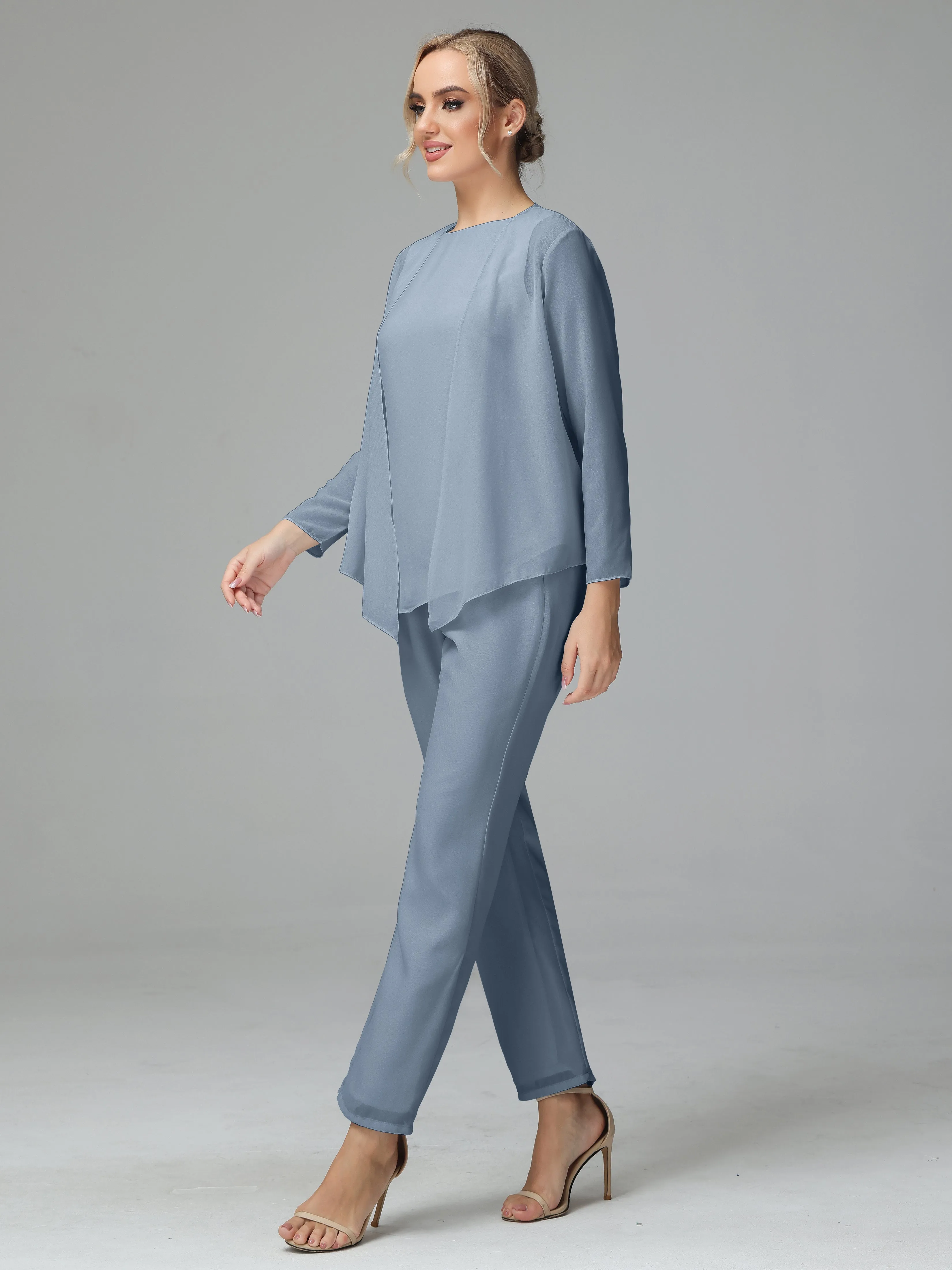 Long Sleeves 3 Pieces Chiffon Mother of Bride Dress Pant Suits