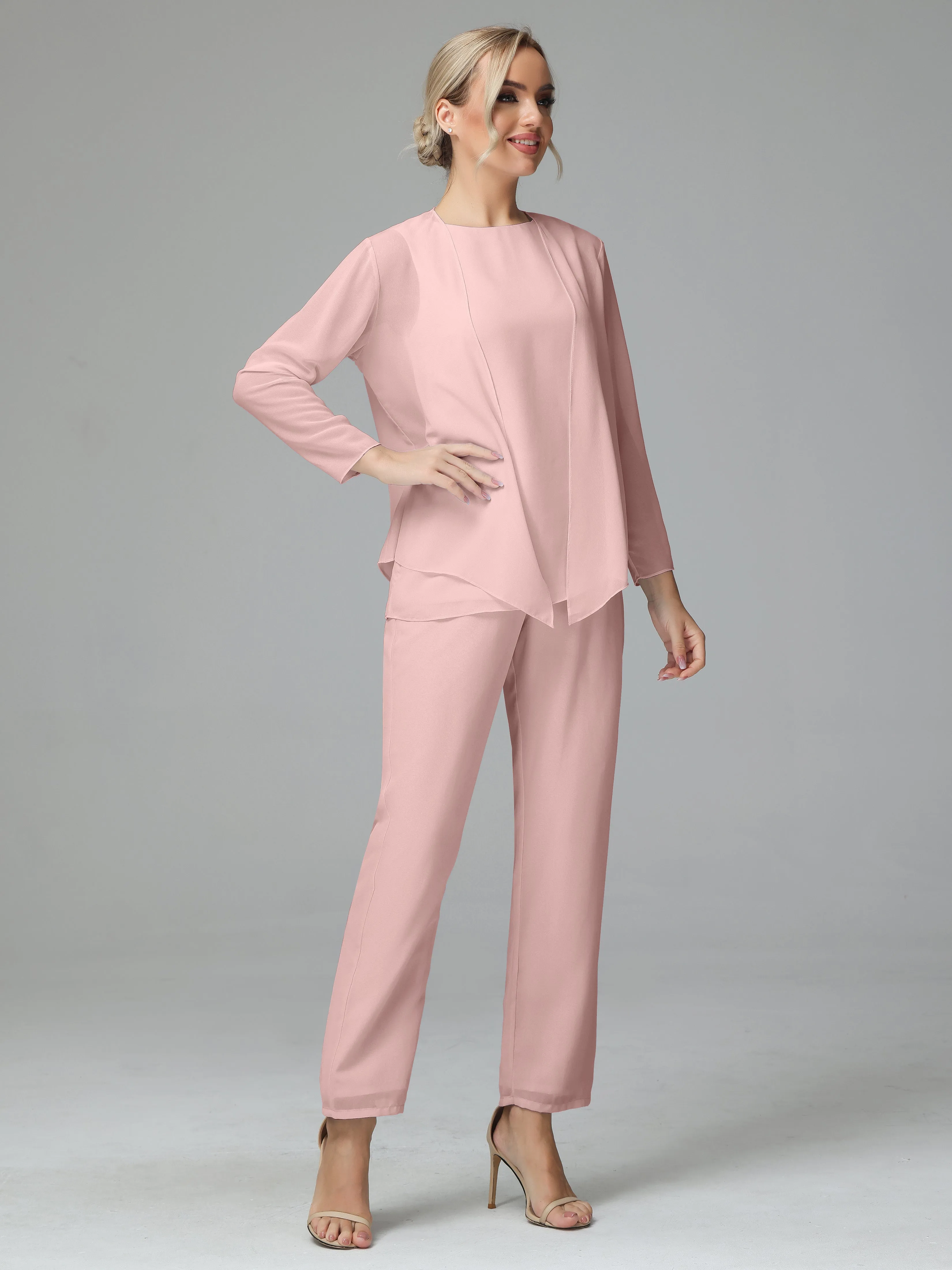 Long Sleeves 3 Pieces Chiffon Mother of Bride Dress Pant Suits