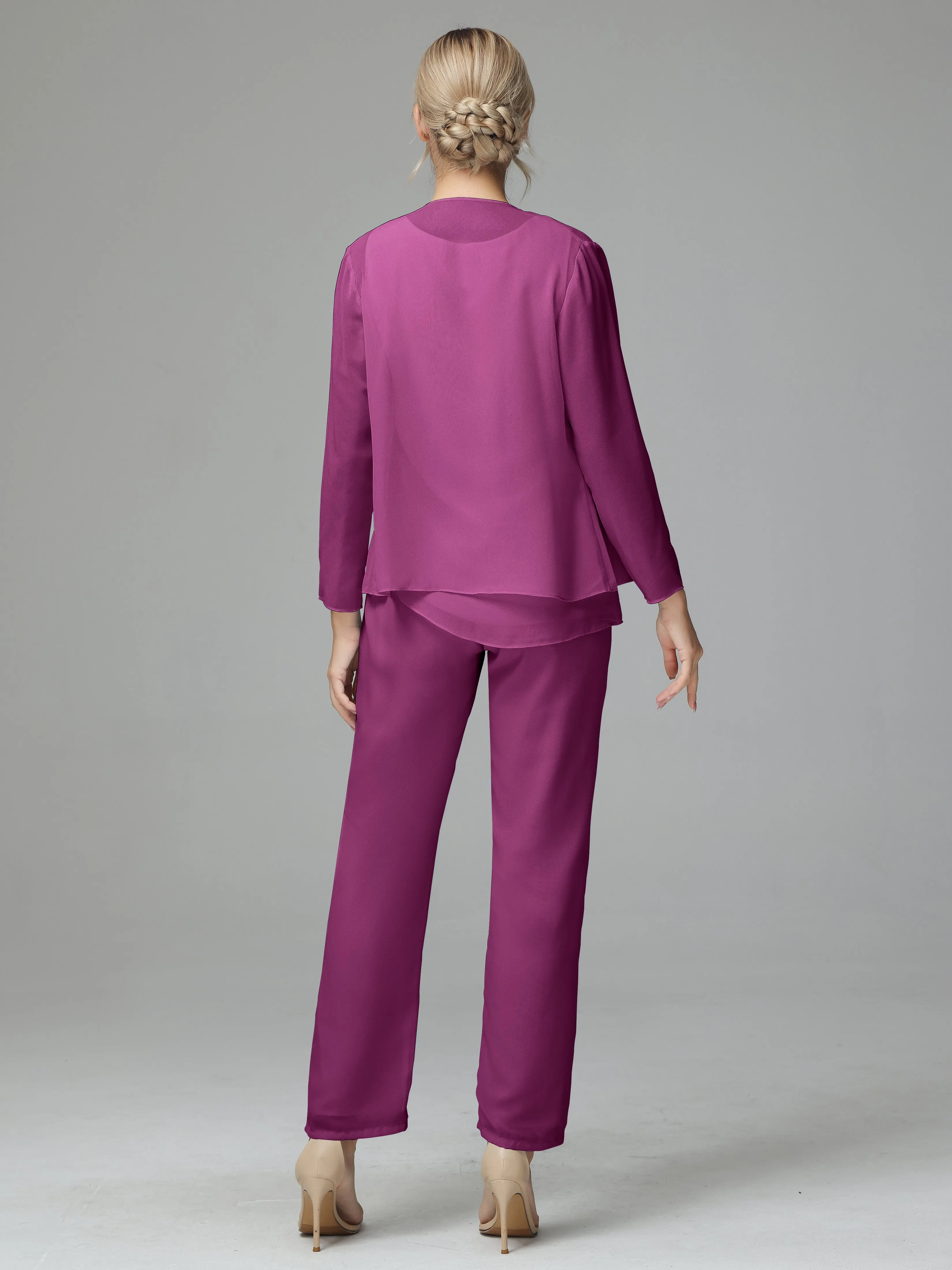 Long Sleeves 3 Pieces Chiffon Mother of Bride Dress Pant Suits
