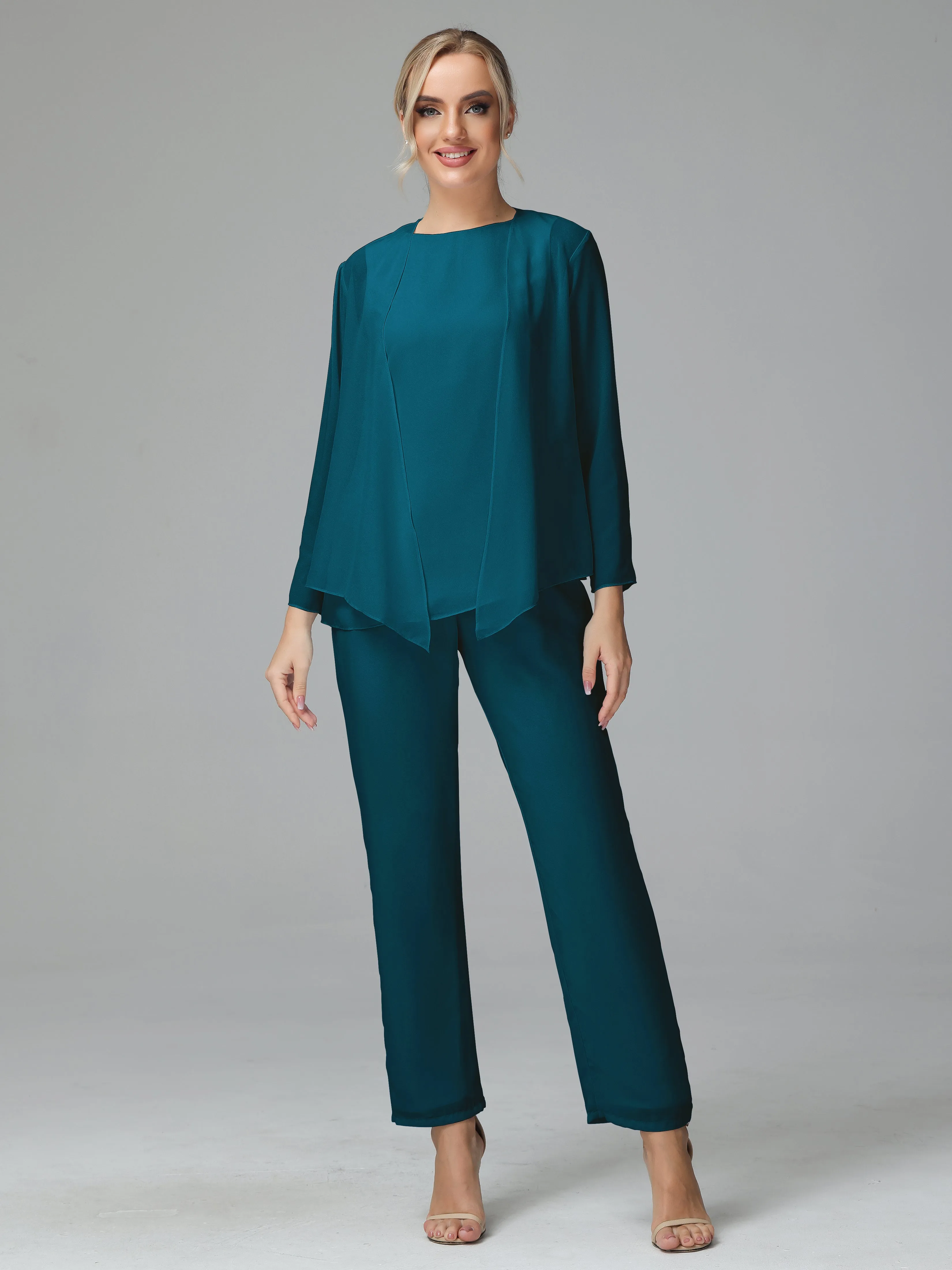 Long Sleeves 3 Pieces Chiffon Mother of Bride Dress Pant Suits