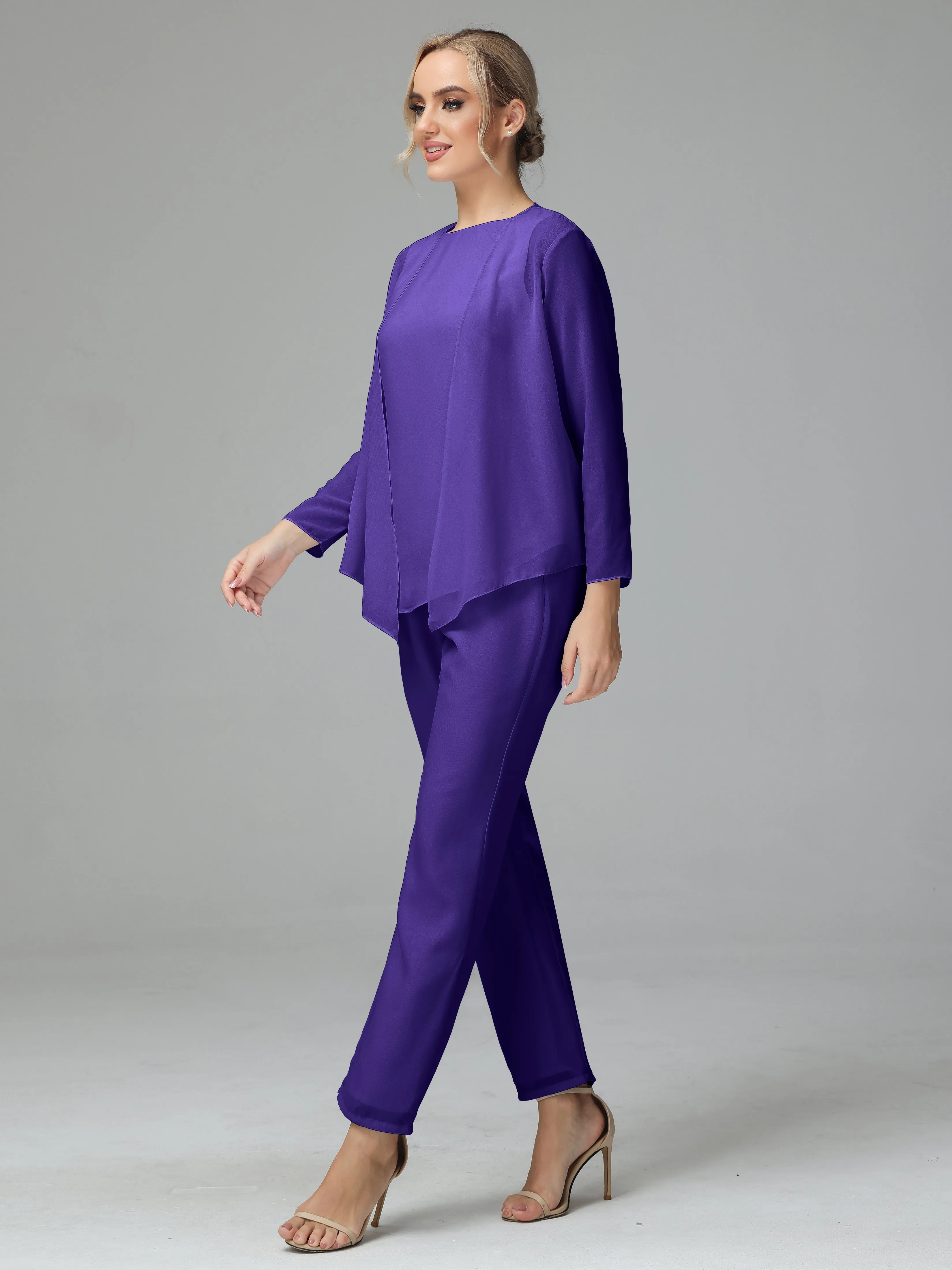 Long Sleeves 3 Pieces Chiffon Mother of Bride Dress Pant Suits
