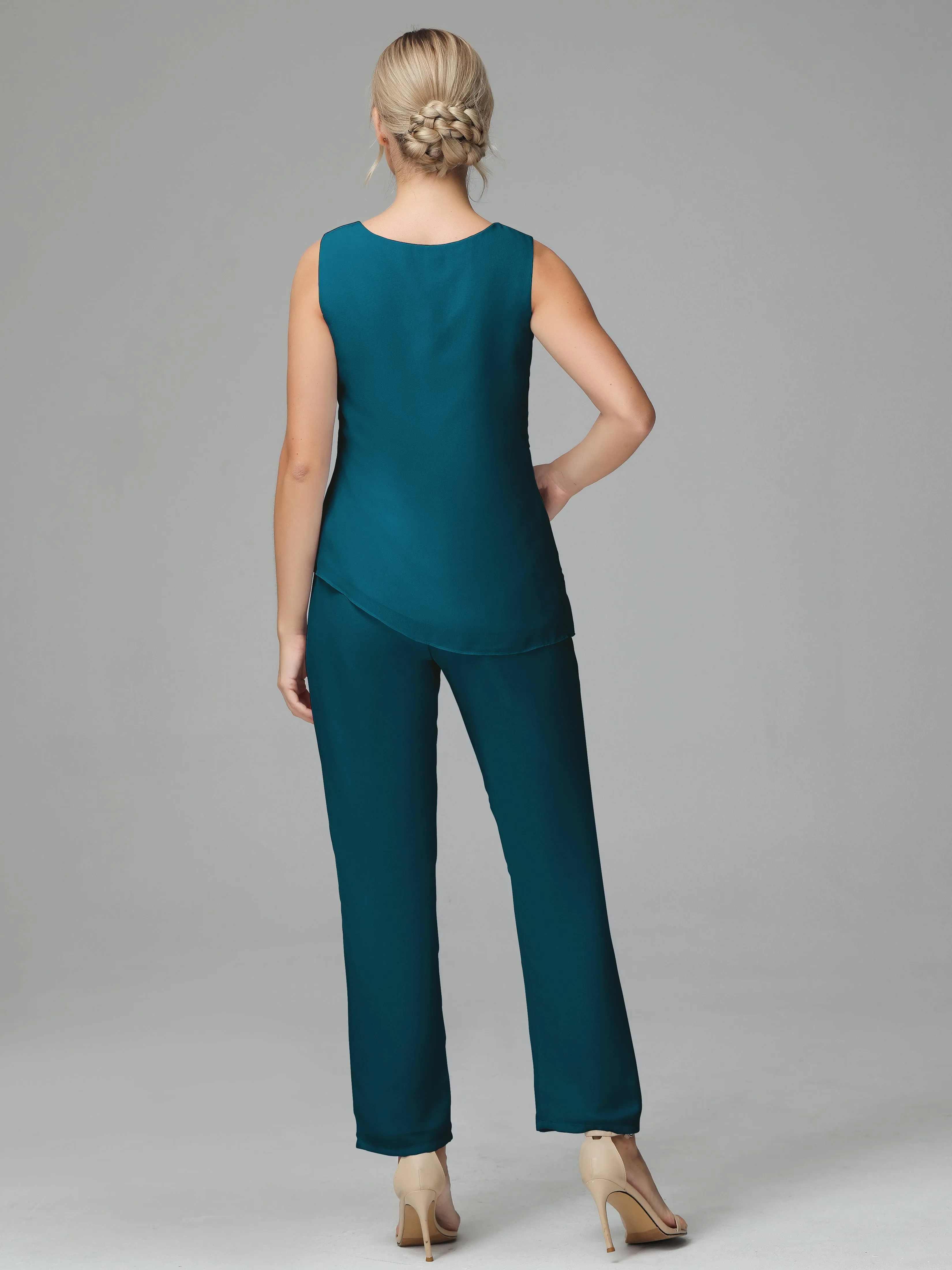 Long Sleeves 3 Pieces Chiffon Mother of Bride Dress Pant Suits