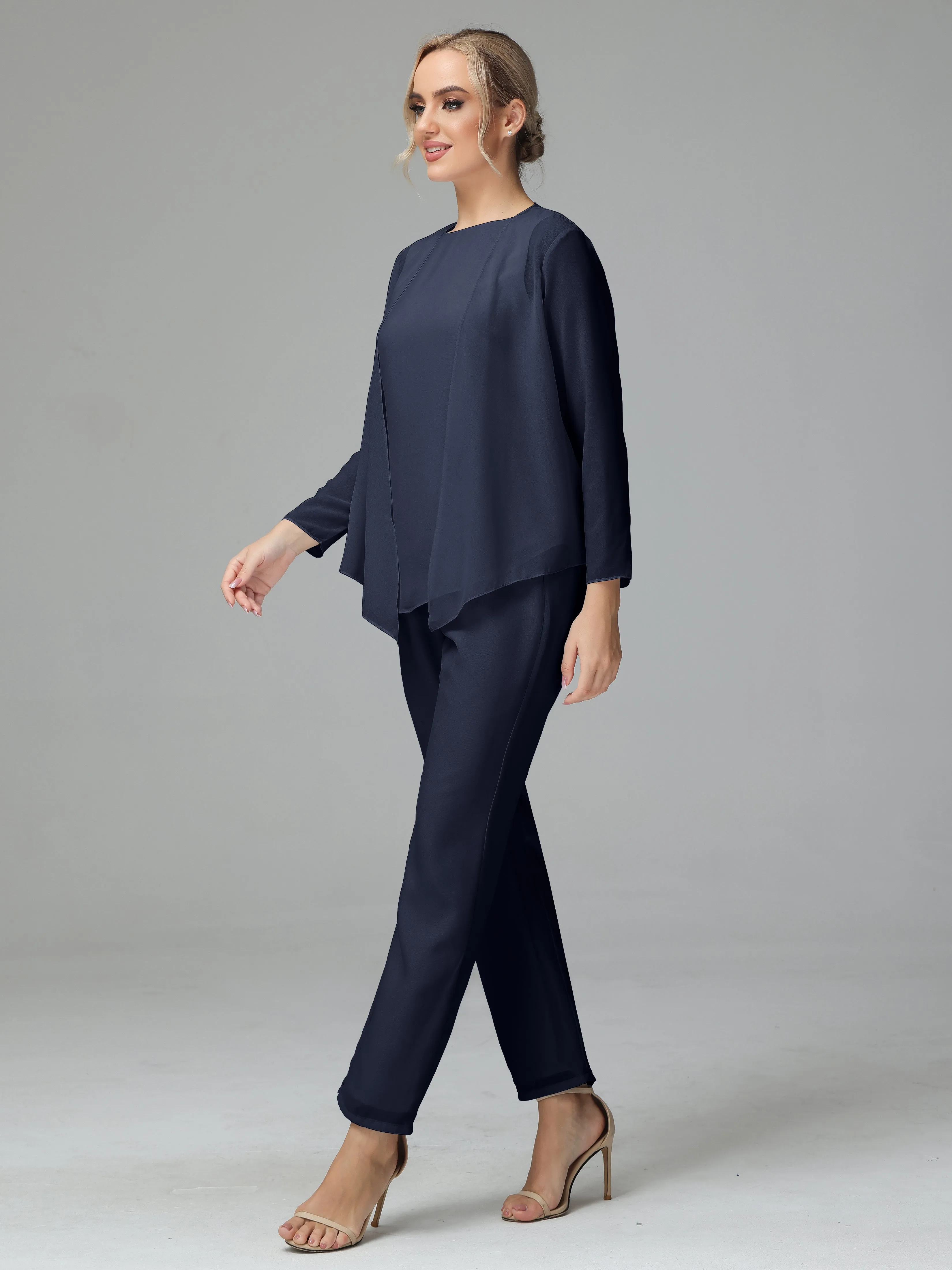 Long Sleeves 3 Pieces Chiffon Mother of Bride Dress Pant Suits