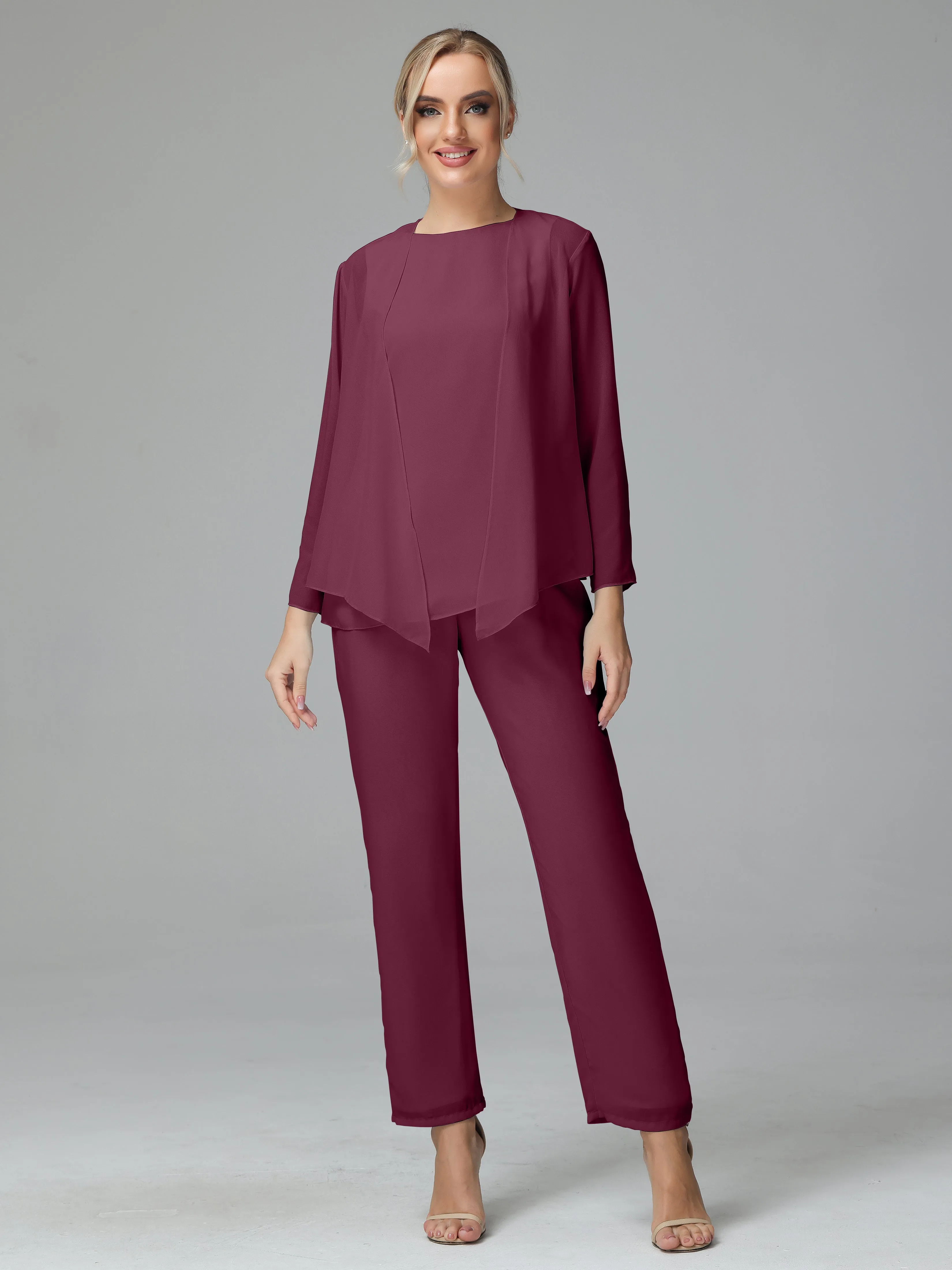 Long Sleeves 3 Pieces Chiffon Mother of Bride Dress Pant Suits