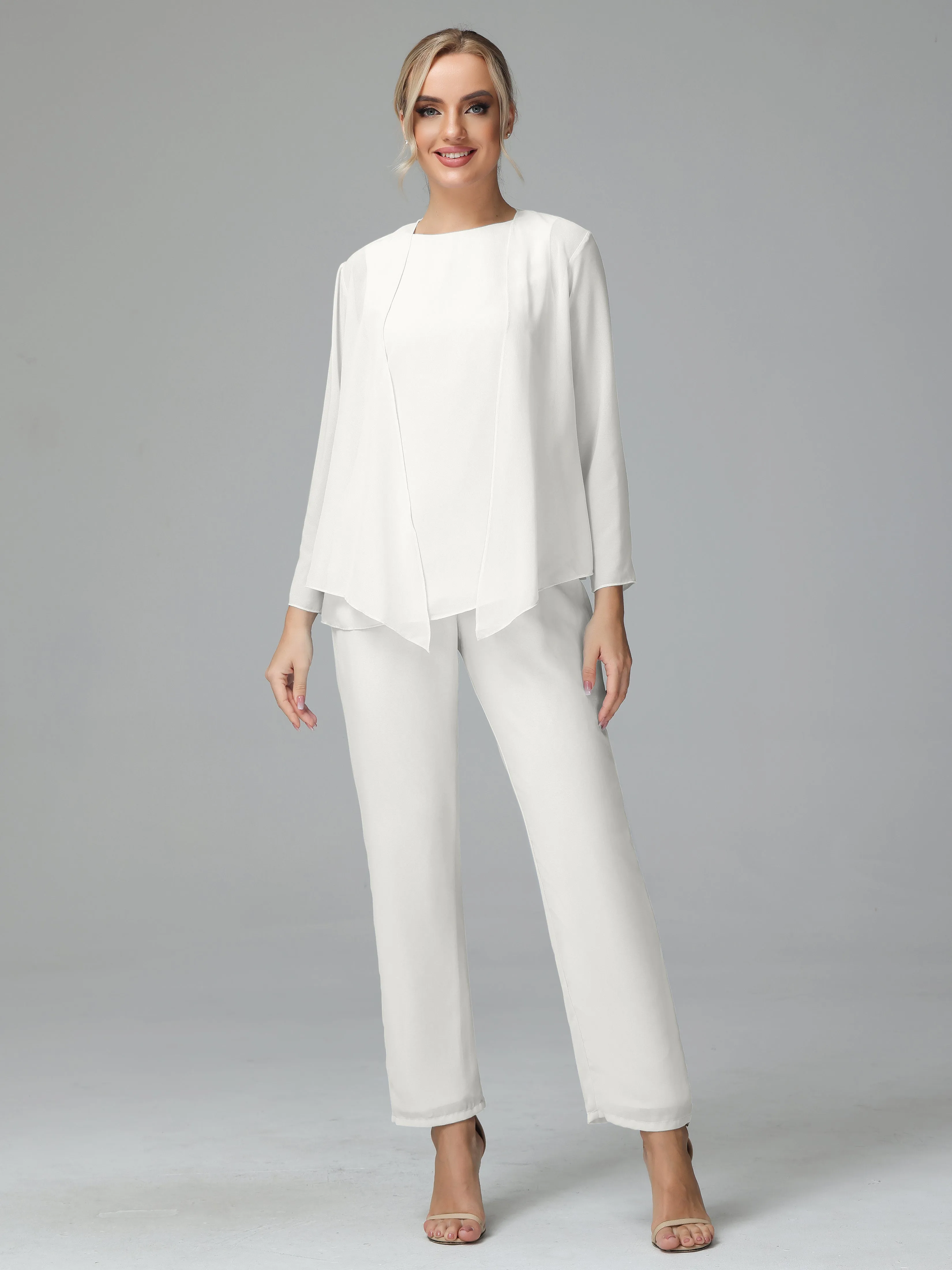 Long Sleeves 3 Pieces Chiffon Mother of Bride Dress Pant Suits