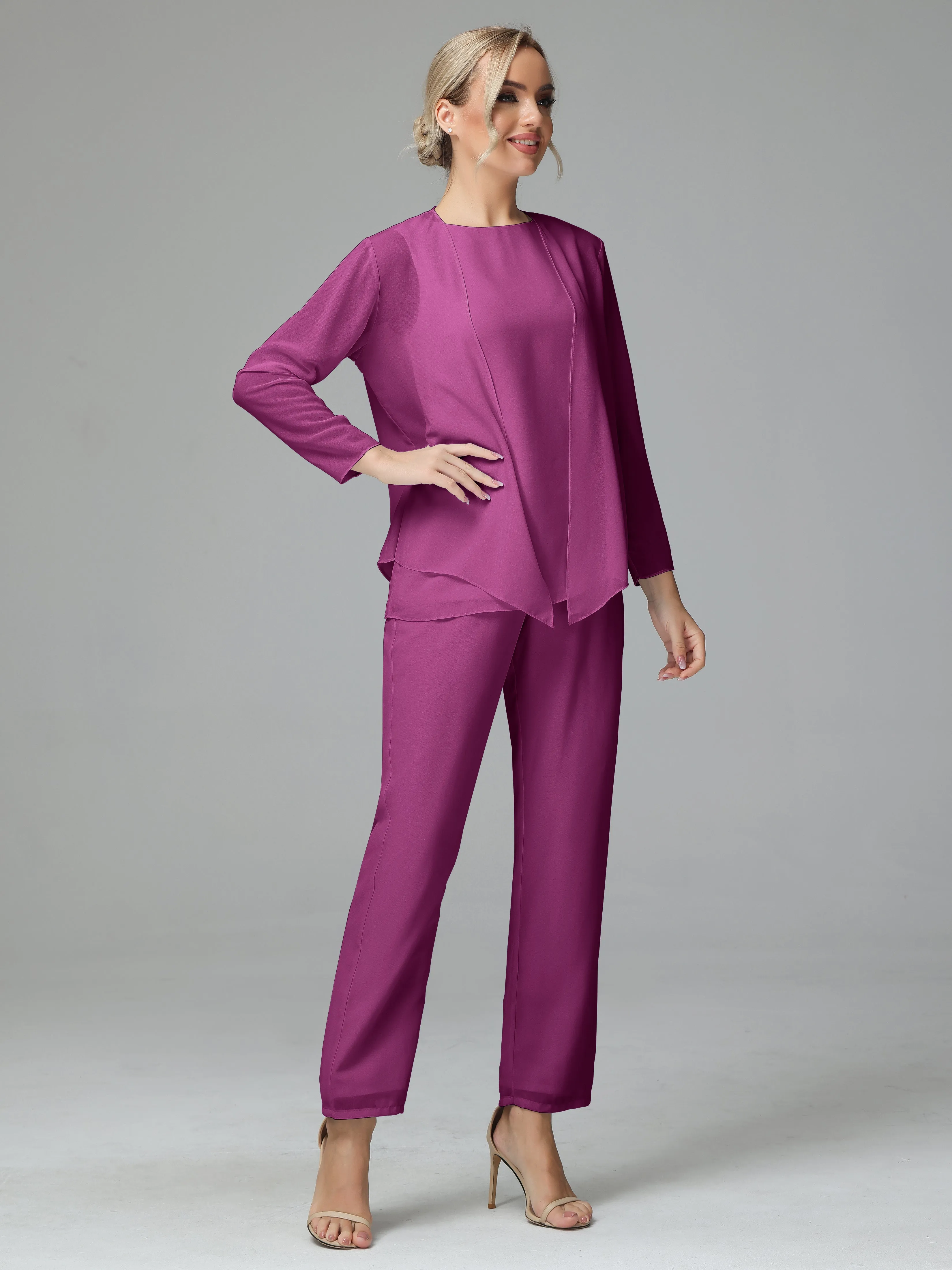 Long Sleeves 3 Pieces Chiffon Mother of Bride Dress Pant Suits