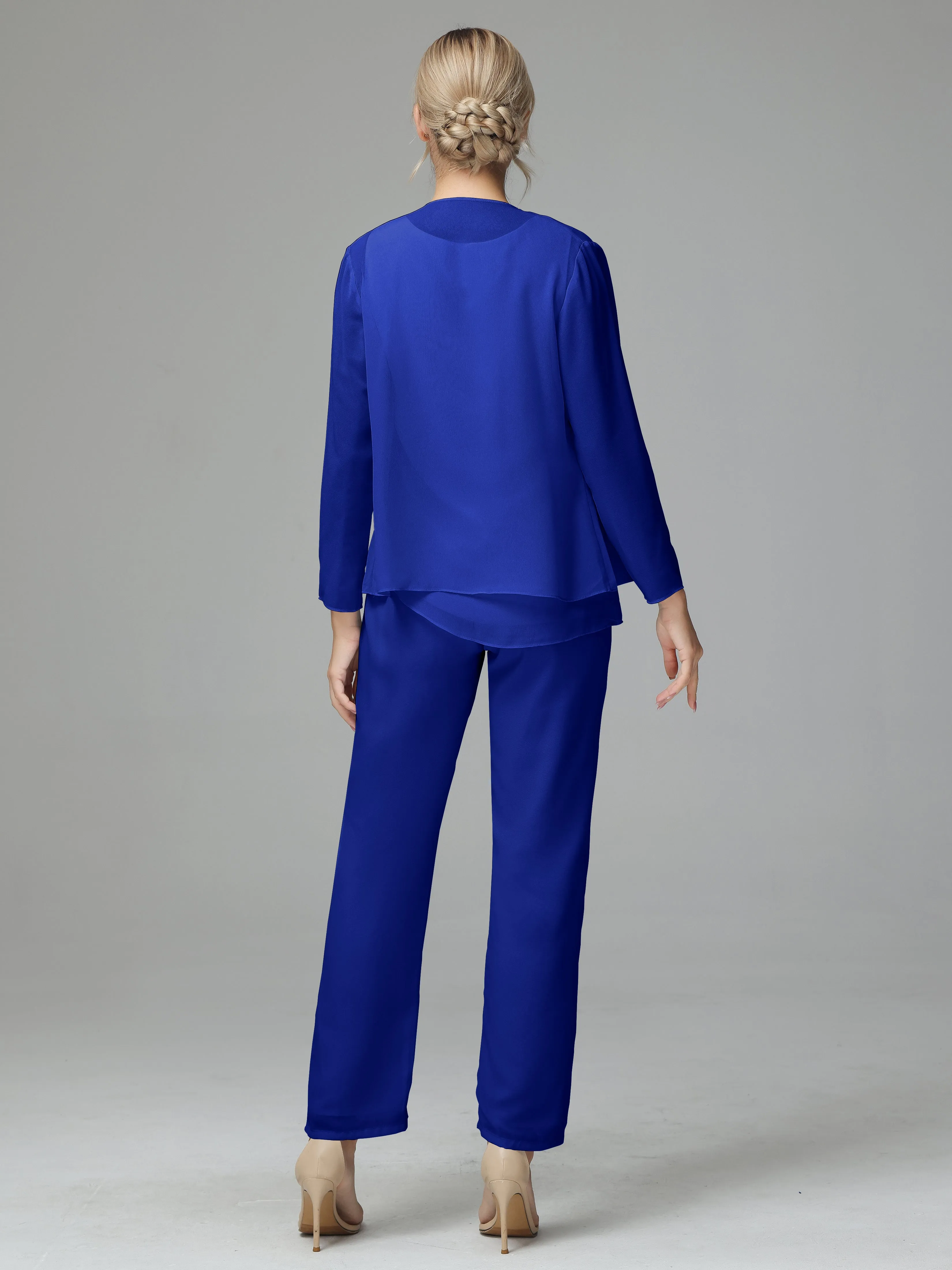 Long Sleeves 3 Pieces Chiffon Mother of Bride Dress Pant Suits