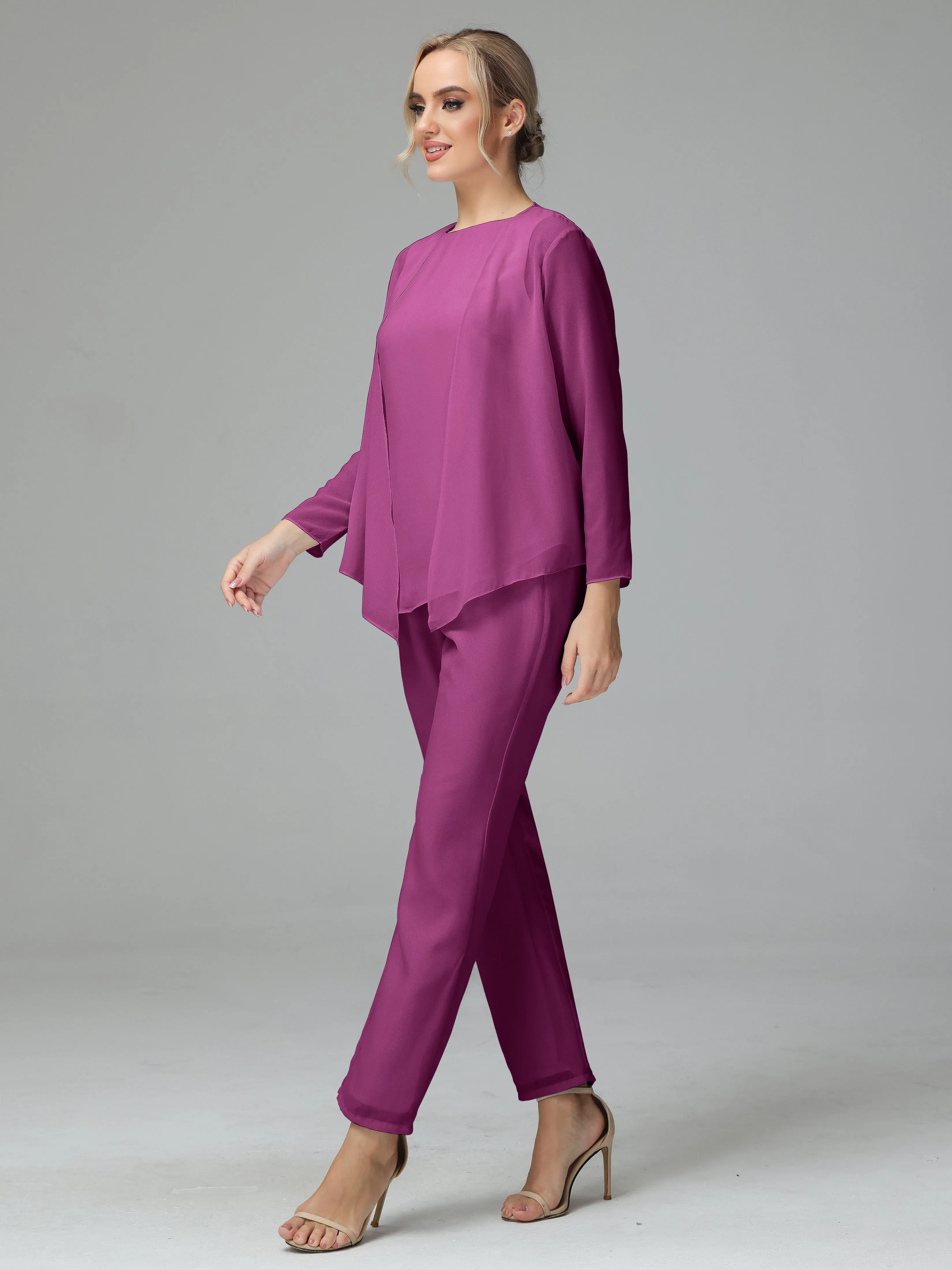 Long Sleeves 3 Pieces Chiffon Mother of Bride Dress Pant Suits