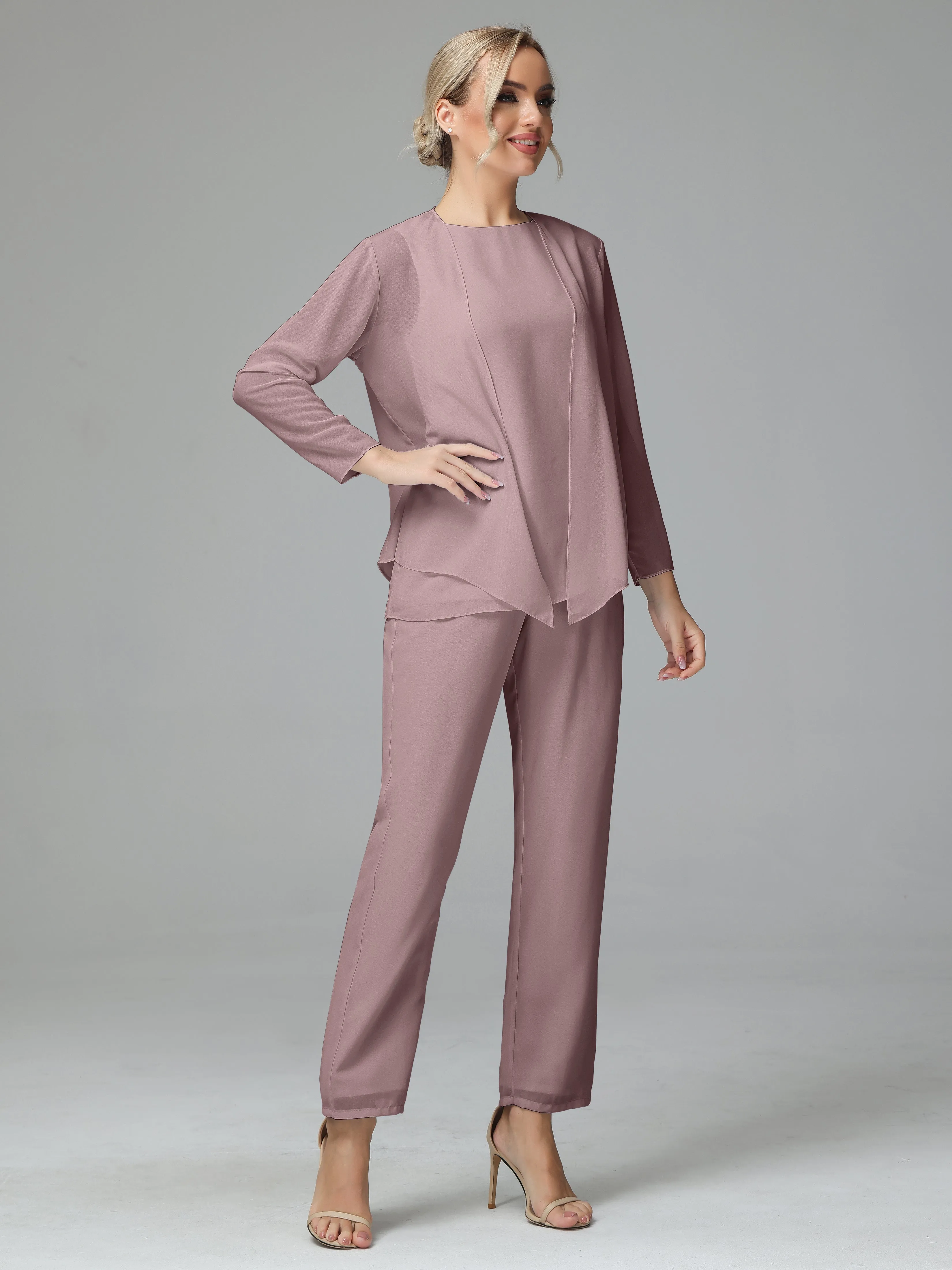 Long Sleeves 3 Pieces Chiffon Mother of Bride Dress Pant Suits