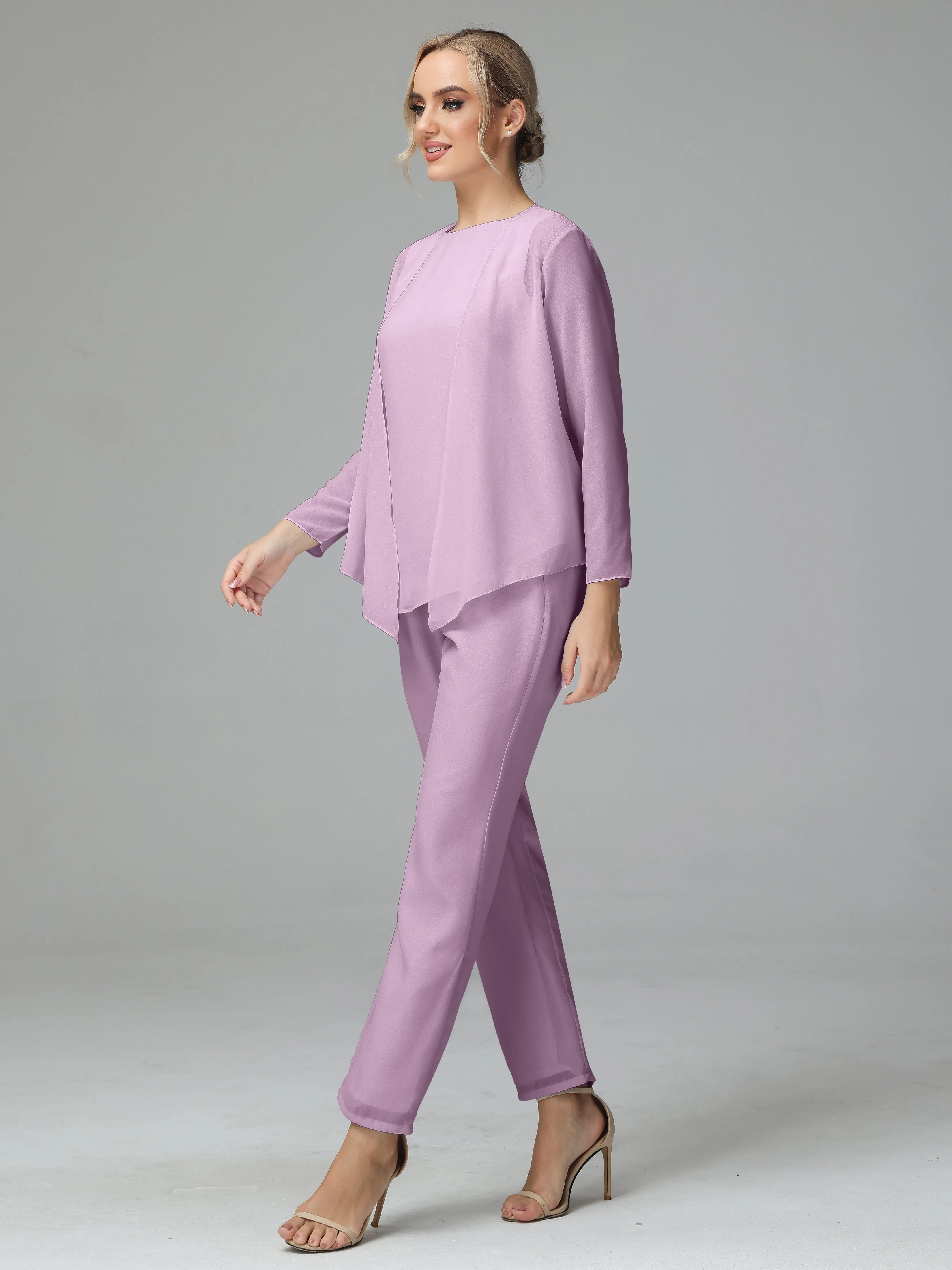 Long Sleeves 3 Pieces Chiffon Mother of Bride Dress Pant Suits
